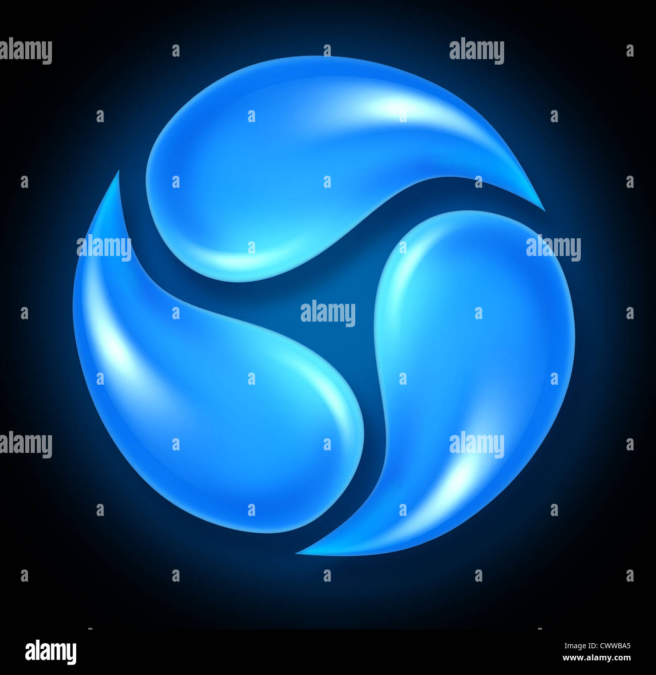 Wasser-Symbol der sauberen kristallklaren H2O mit drei Flüssigkeitstropfen Spinnerei Runde in Form eines Kreises. Stockfoto