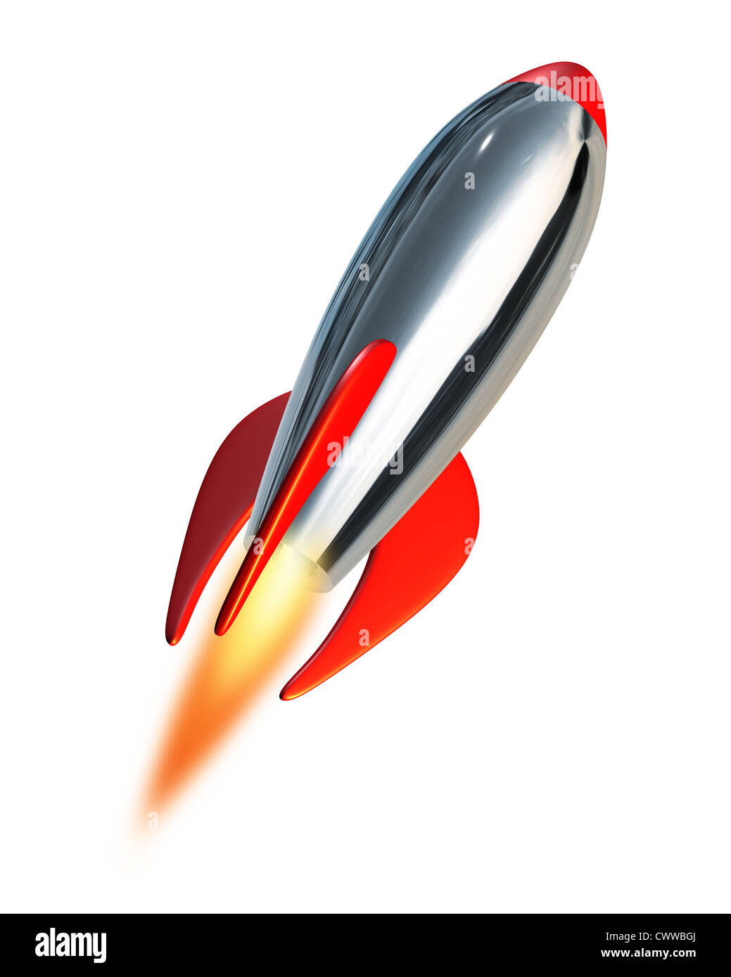 Ausziehen und blast off Symbol in den Weltraum mit ein Metall Rakete Rakete Raumfahrzeug treibt in einem weißen Hintergrund repräsentieren frische Planung und Strategie mit Neuanfänge und laden in die Zukunft voraus. Stockfoto