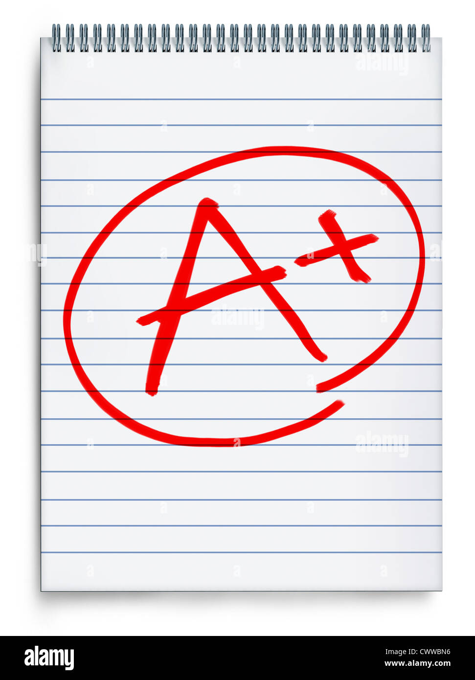 Ausgezeichnete Bewertung o eine Notebook-Seite, die einen Bericht über die Prüfergebnisse vertreten durch ein A mit einem Pluszeichen in rot auf weißem Stockfoto