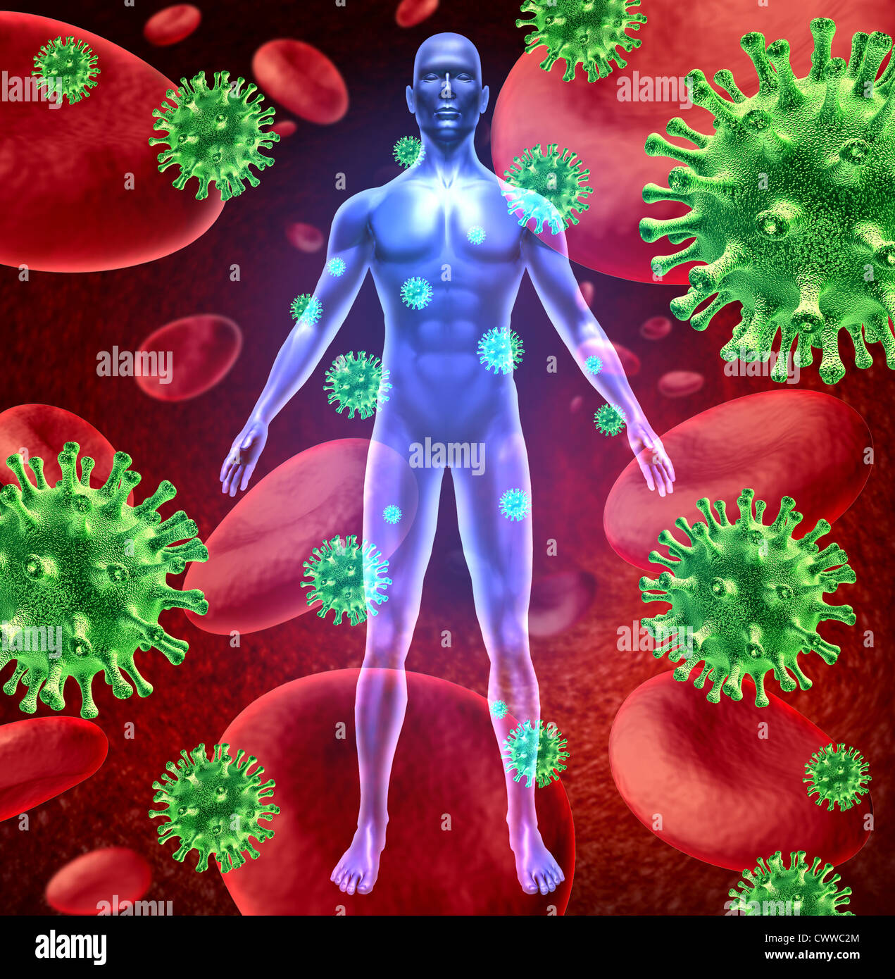 Menschlichen Viruskrankheit vertreten durch ein Mensch mit roten Blutkörperchen und grünen Virus Zellen angreifen einen gesunden Patienten, die medizinische Behandlung mit Krankenhaus Medizin, um die eindringenden Insekten zu töten. Stockfoto