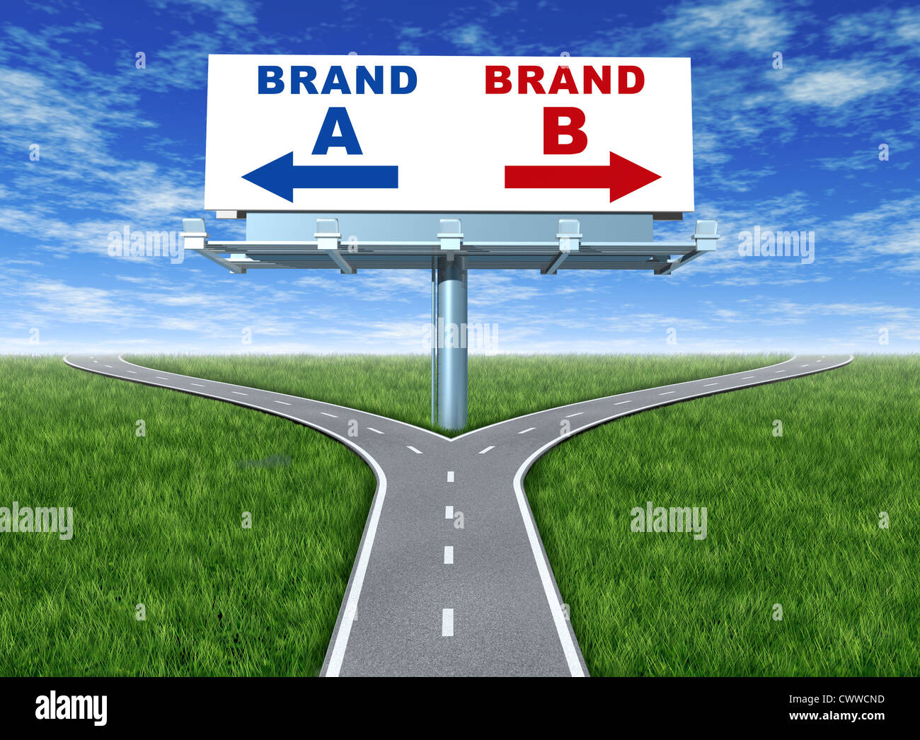Auswahl Marken und branding Loyalität vertreten durch eine horizontale Plakatwand mit einer Auswahl der Marke ein und Marke b sitzt auf einem Kreuz Straßen mit grünem Rasen und Himmel zeigt das Konzept des Marketing und Promotion. Stockfoto