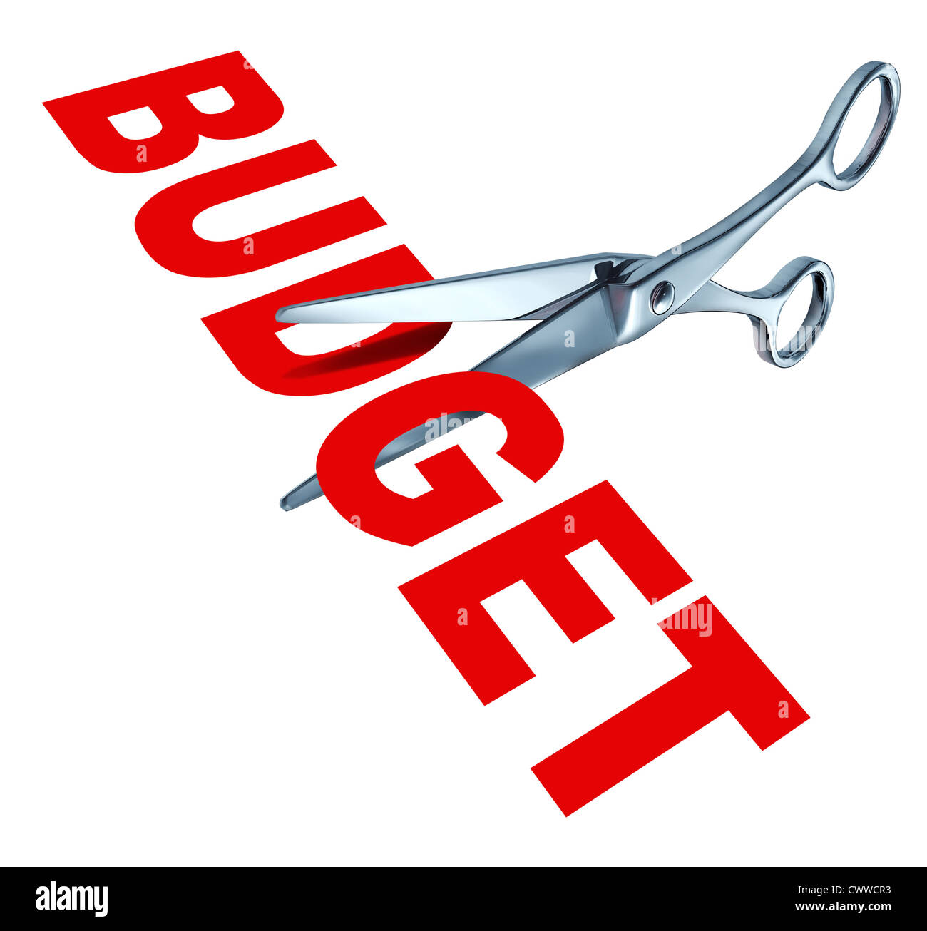 Budget Cuts Symbol zur Verringerung der budgetierten Ausgaben durch Einsparung von Kosten und finanziellen Überschuss vertreten durch scharfe offene Metallscheren zu beseitigen. Stockfoto