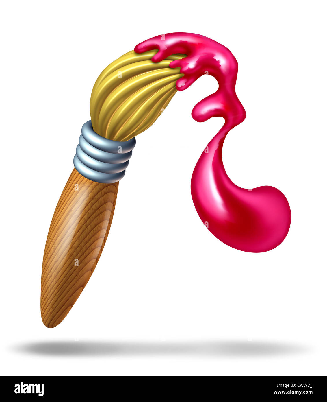 Pinsel mit glänzend rote Farbe Spritzer an der Spitze der Borsten plantschen in Form eines Wirbels stellvertretend für das Konzept der Kreativität und Kunst und Kunsthandwerk für Kinder und Schüler. Stockfoto