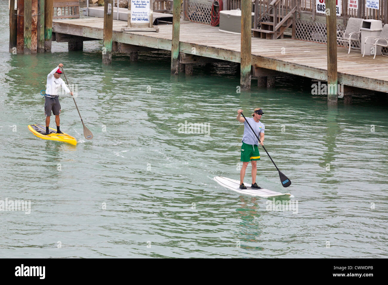 Zwei junge Männer Paddle boarding am John's Pass in Treasure Island, Florida Stockfoto