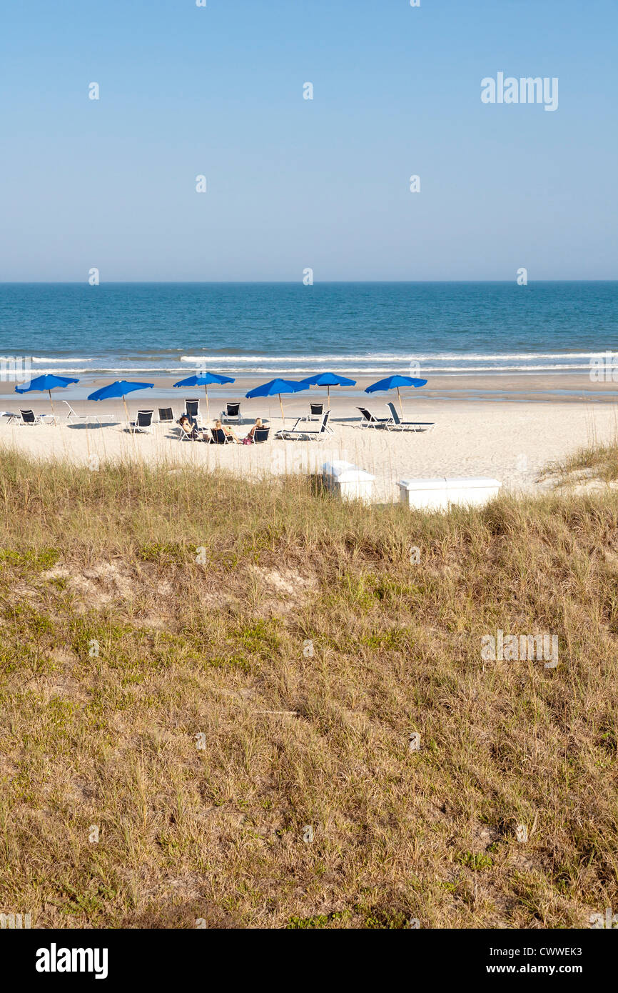 Frauen, die zum Sonnenbaden am Strand von Amelia Island, Florida Stockfoto
