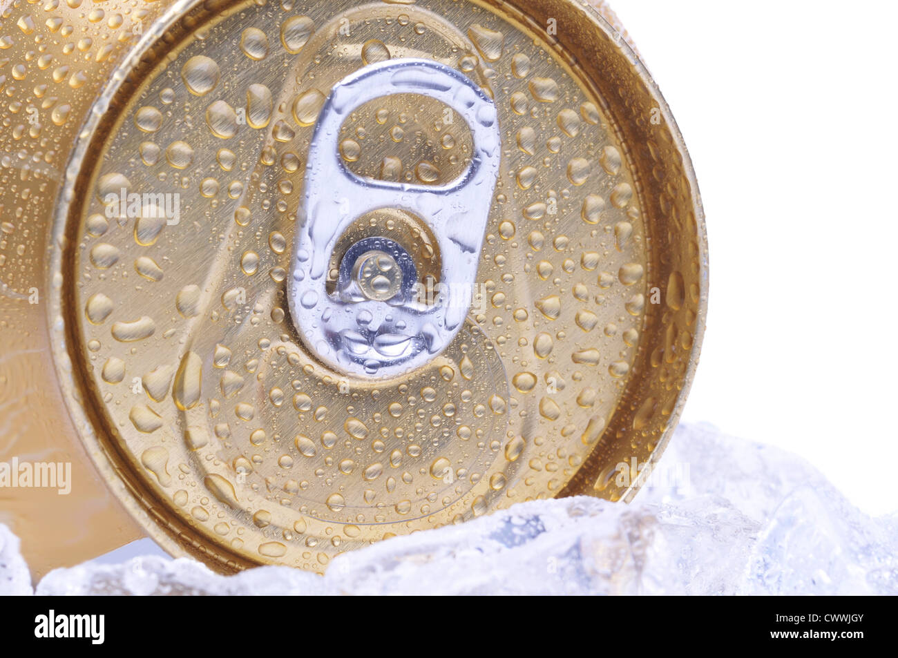 Close Up von einer goldenen Getränkedose mit Pull Tab und Kondensation weißen Hintergrund Exemplar Stockfoto