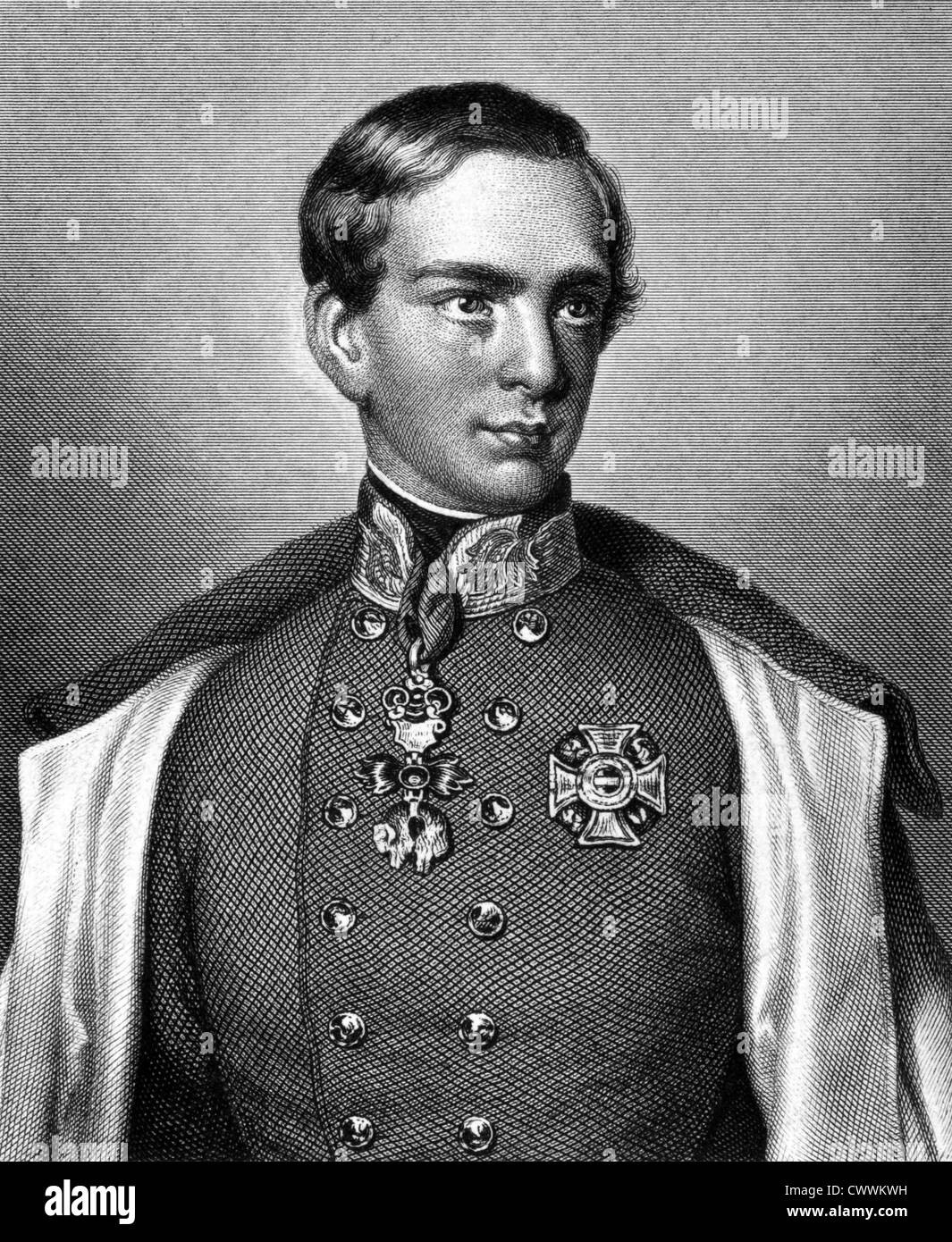 Franz Joseph i. von Österreich (1830-1916) auf Kupferstich aus dem Jahr 1859. Kaiser von Österreich. Stockfoto
