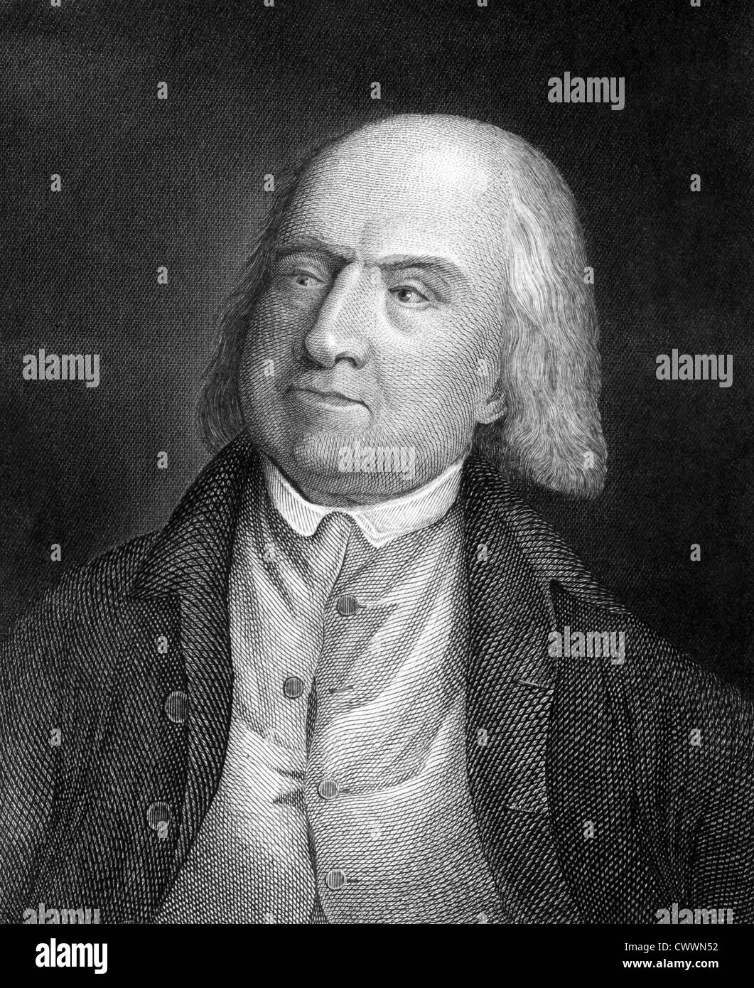 Jeremy Bentham (1748-1832) auf Kupferstich aus dem Jahr 1859. Englischer Philosoph, Jurist und Sozialreformer. Stockfoto