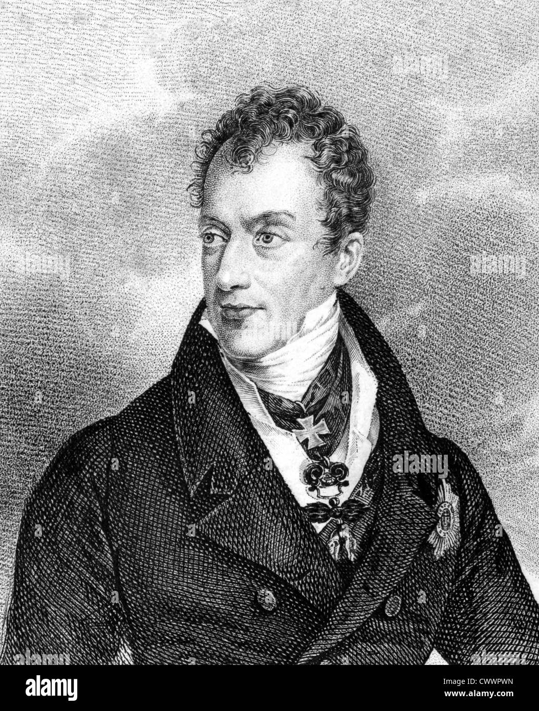 Klemens von Metternich (1773-1859) auf Kupferstich aus dem Jahr 1859. Deutschstämmiger österreichischer Politiker und Staatsmann. Stockfoto