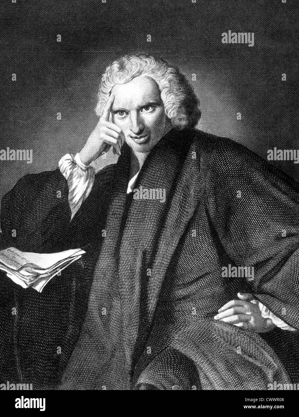 Laurence Sterne (1713-1768) auf Kupferstich aus dem Jahr 1859. Anglo-Irischer Schriftsteller und ein anglikanischer Geistlicher. Stockfoto