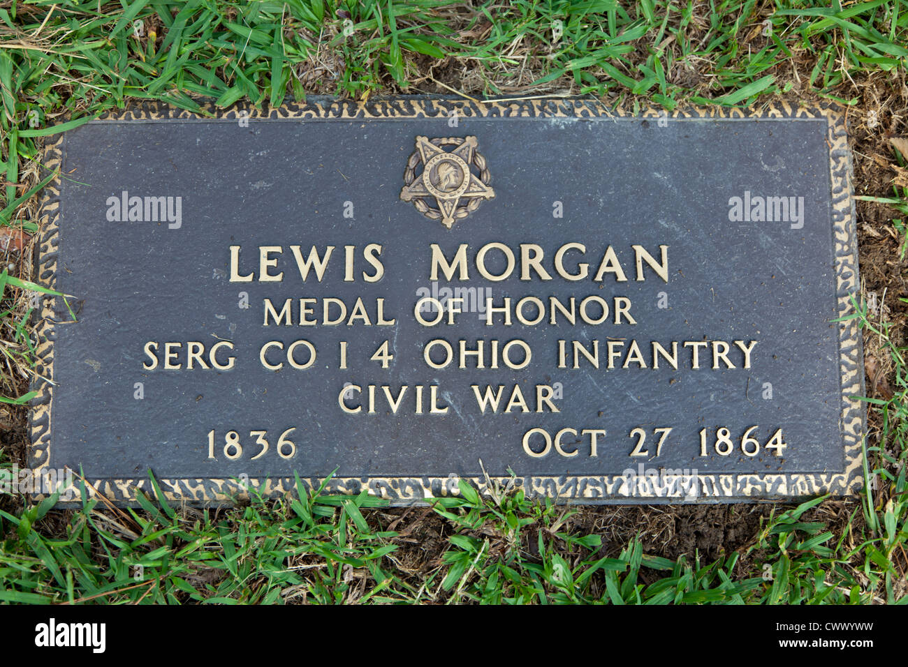 Grab Marker der Ehrenmedaille Empfänger Lewis Morgan auf Poplar Grove National Cemetery in Dinwiddie, Virginia Stockfoto