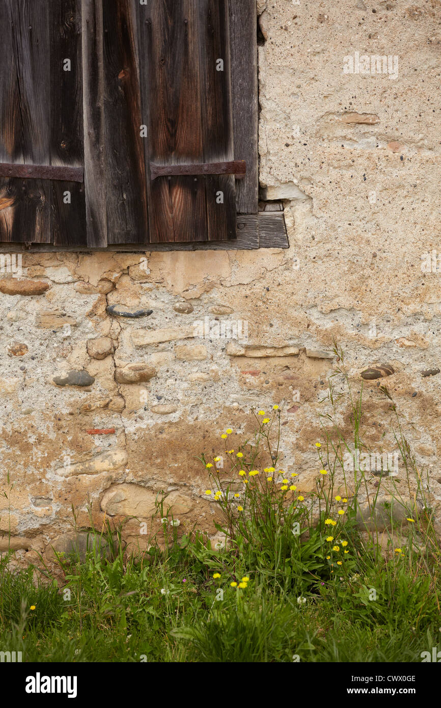 Holzfenster Auslöser Kieselstein Wand Grasgrün alten verfallenen verlassenen bröckelt Stockfoto