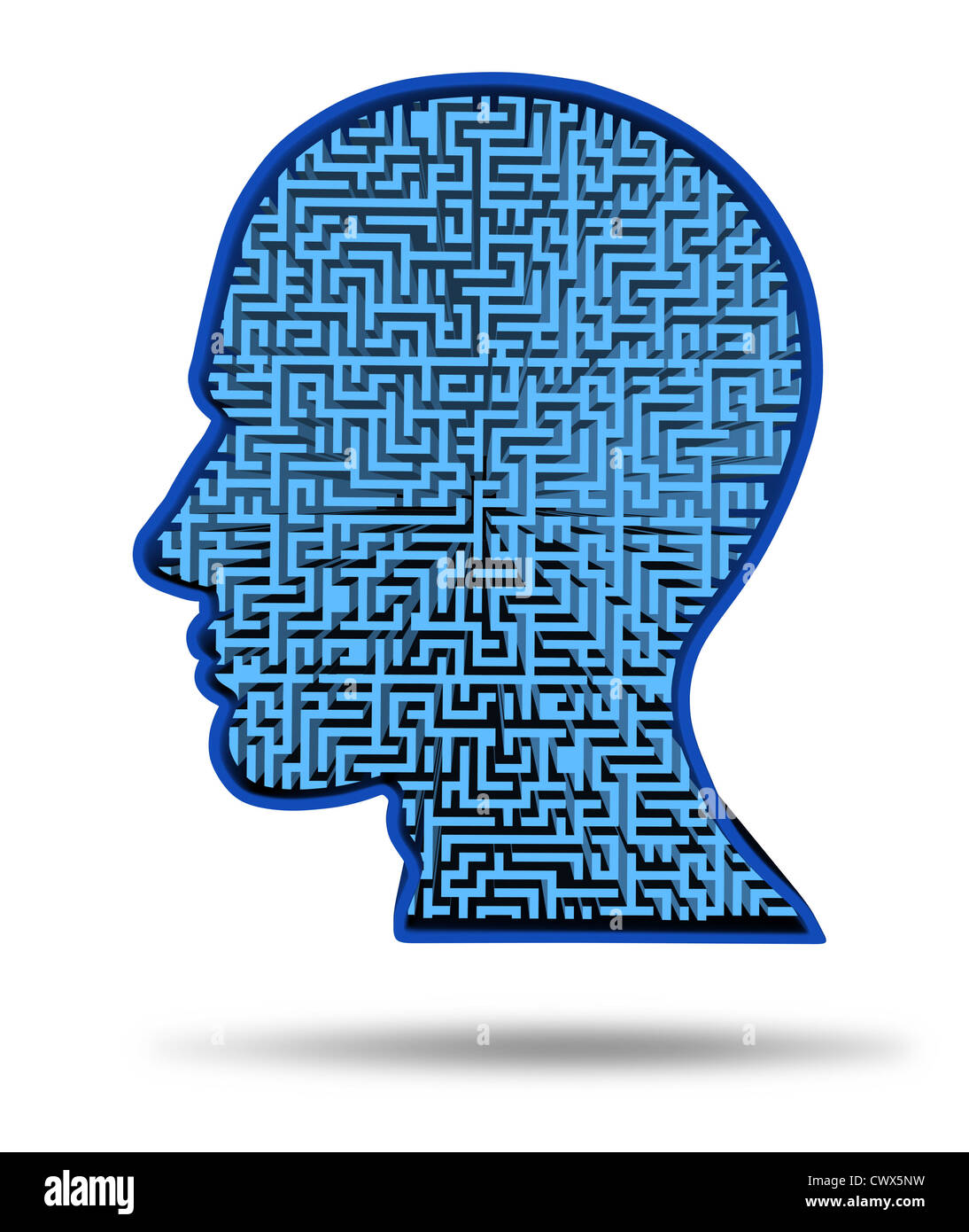 Suche nach einem Heilmittel für ein Gehirn-Krankheit-Symbol mit einem Irrgarten und Labyrinth in Form eines menschlichen Kopfes als Konzept der Forschung in t Stockfoto