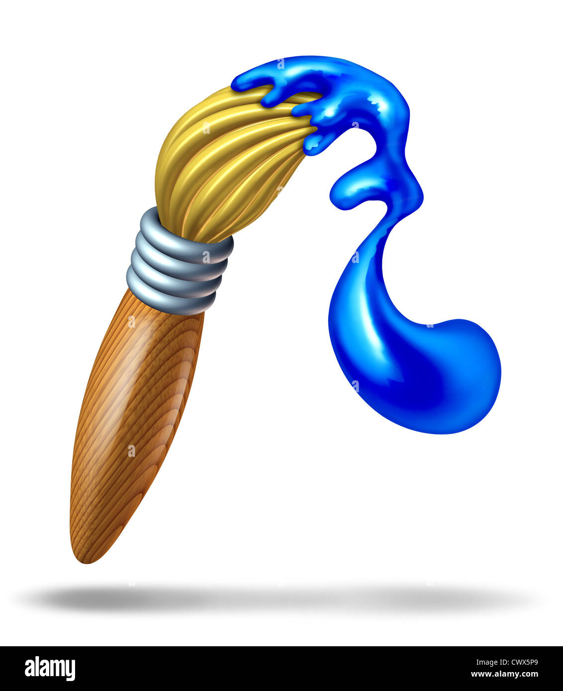 Pinsel mit glänzenden blauen Farbe Spritzer an der Spitze der Borsten plantschen in Form eines Wirbels stellvertretend für das Konzept der Kreativität und Kunst und Kunsthandwerk für Kinder und Schüler. Stockfoto