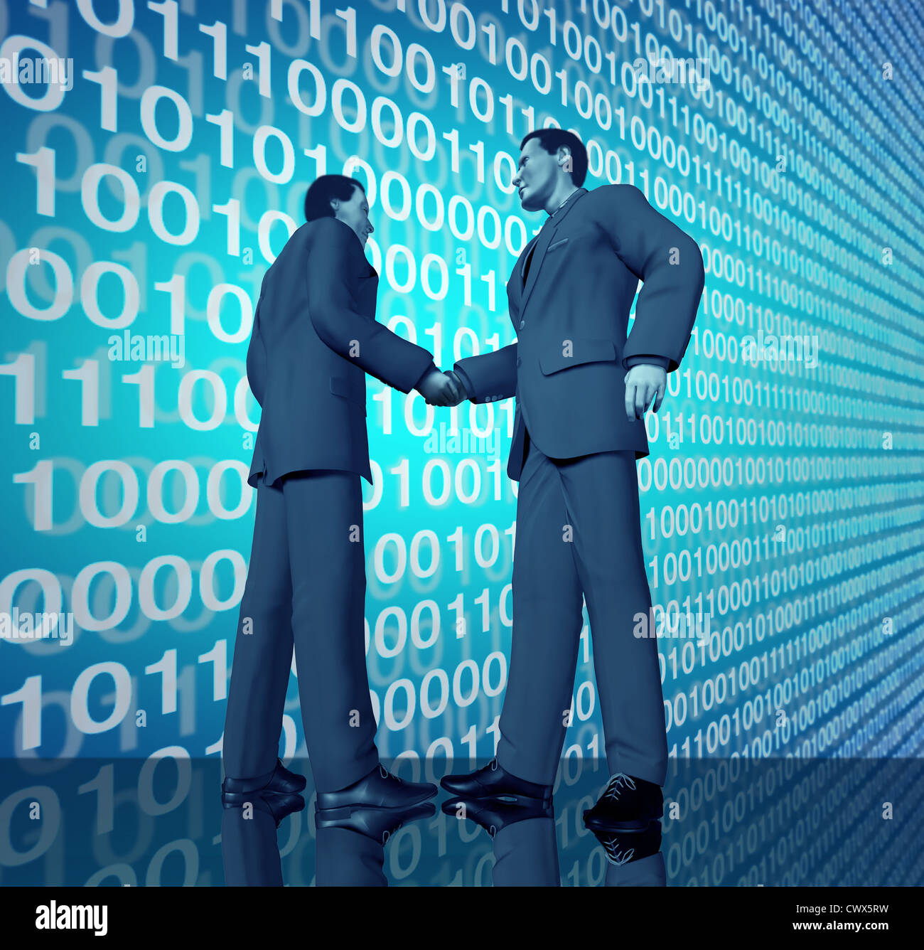Technologie-Geschäft mit einem Handschlag zwischen zwei Buinessmen mit blauen digitalen Binärcode im Hintergrund, Partnerschaften Verbindungen und Verträge in der Welt der High-Tech und Computer darstellt. Stockfoto