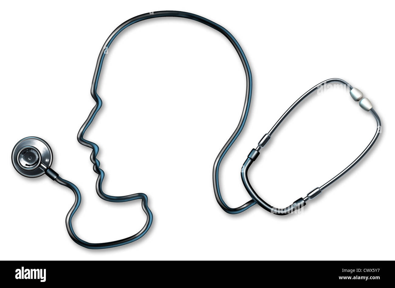 Psychische Gesundheit und Gesundheitswesen mit Stethoskop in Form von einem menschlichen Kopf und Gehirn in eine Klinik für eine geistige ärztliche Untersuchung b verwendet Stockfoto