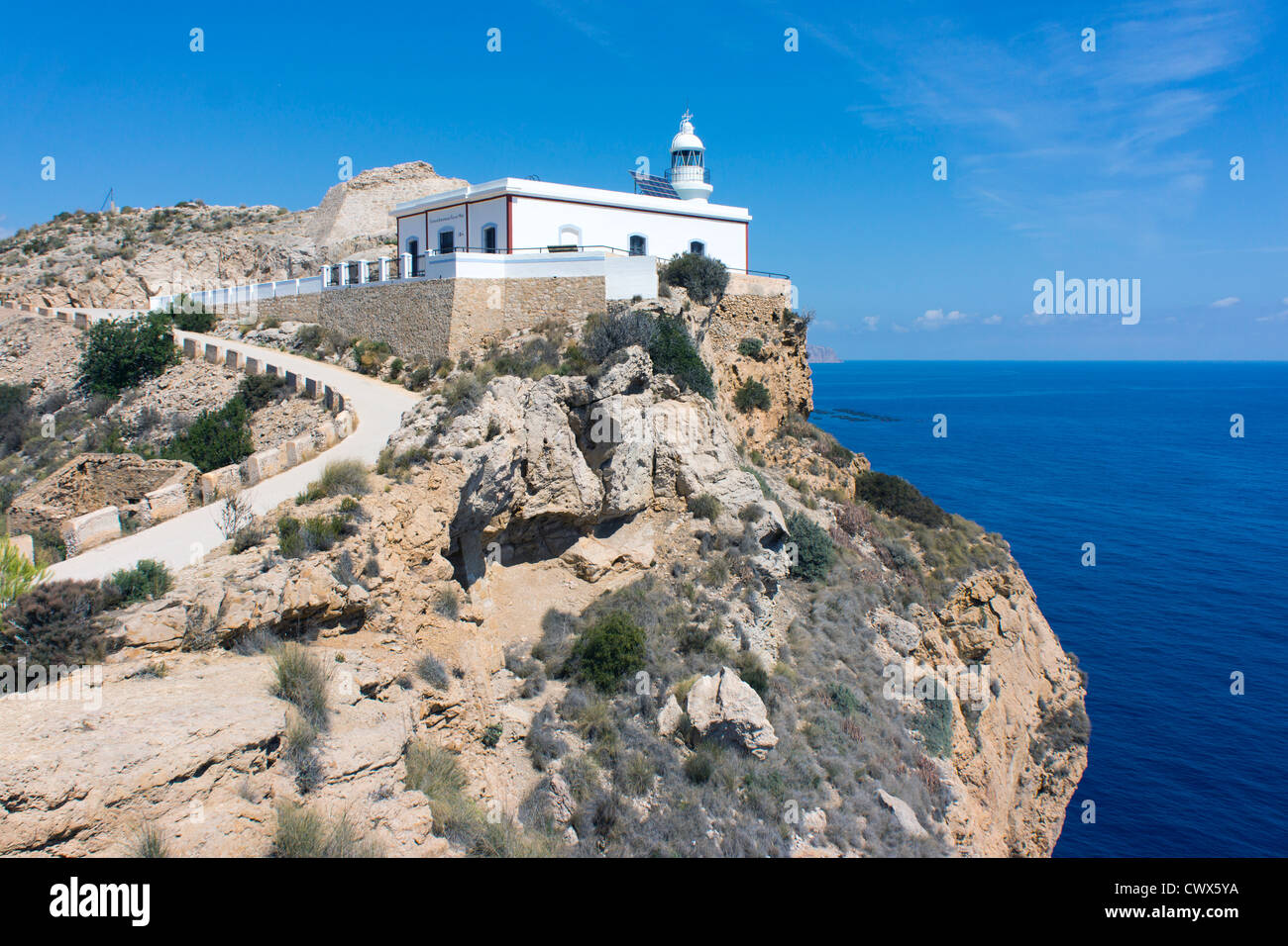 Costa Blanca, Spanien, Albir Leuchtturm, blauer Himmel Stockfoto