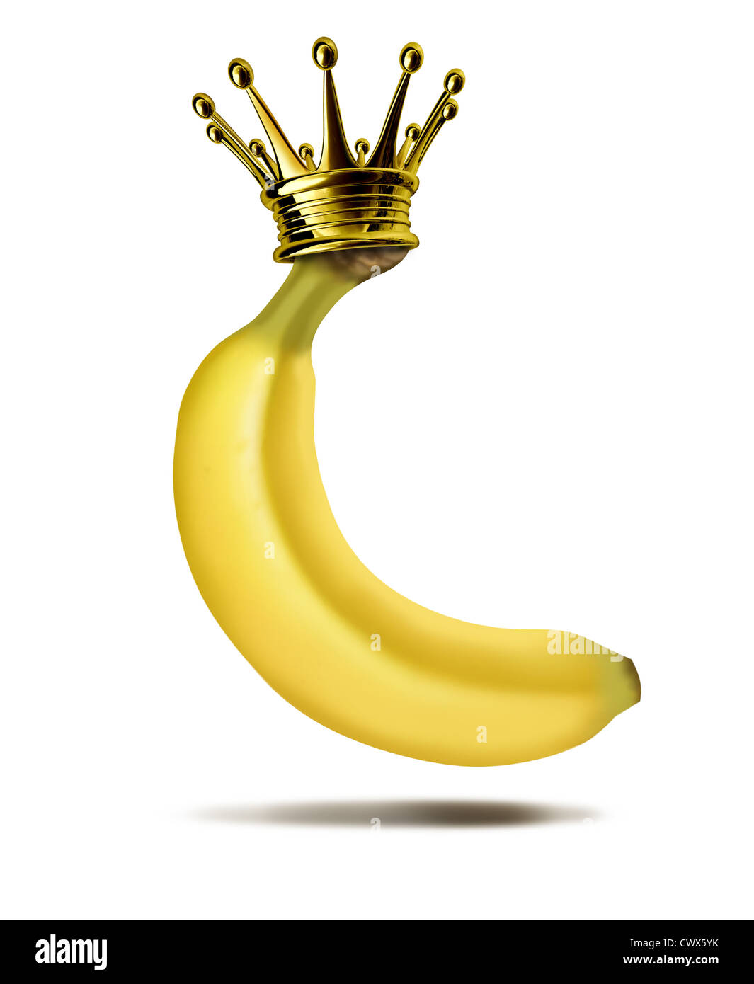 Top Banana Anführer Boss humorvolle lustige Symbol mit einer gelben tropischen Früchten mit einer goldenen Krone an der Spitze, die stellvertretend für das Konzept der Führung und visionärer ceo-Gewinner, der aufgegangen ist an die Spitze des Erfolgs. Stockfoto