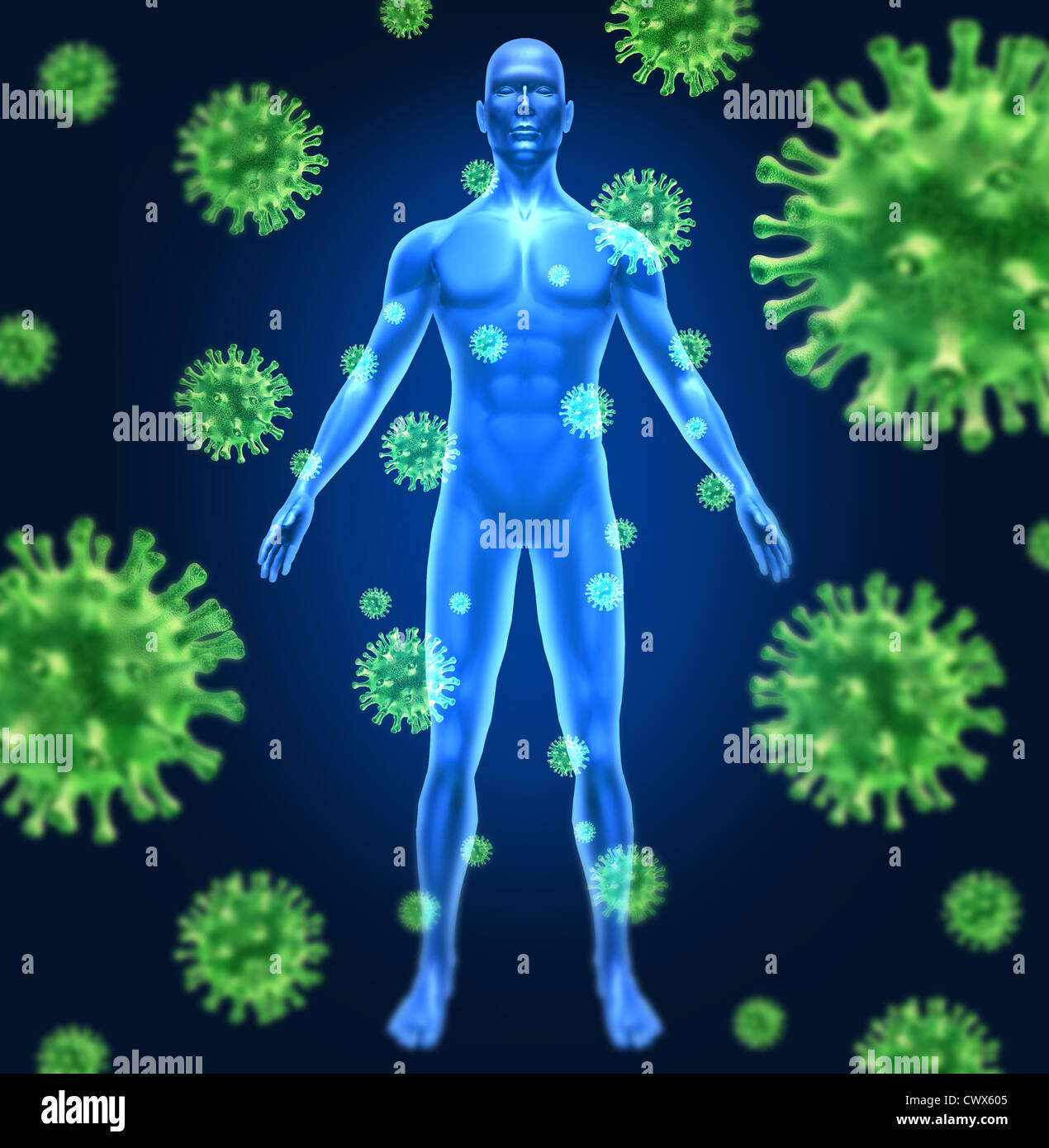 Menschliches Virus Infektion medizinischen Symbol vertreten durch eine Gruppe von grünen bakterielle Eindringling Zellen verursacht Krankheit und Krankheit zu gesunden Patienten mit einen Mann stehen, die von der Krankheit infiziert. Stockfoto