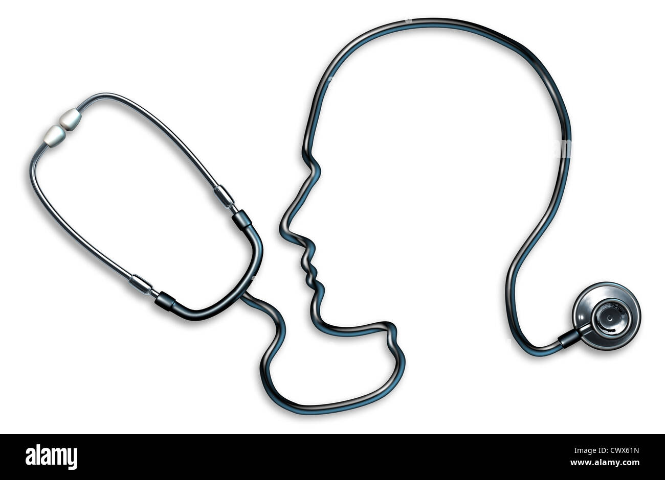 Psychische Gesundheit mit Stethoskop in Form von einem menschlichen Kopf und Gehirn in eine Klinik für eine geistige ärztliche Untersuchung von Ärzten verwendet, auf eine Stockfoto