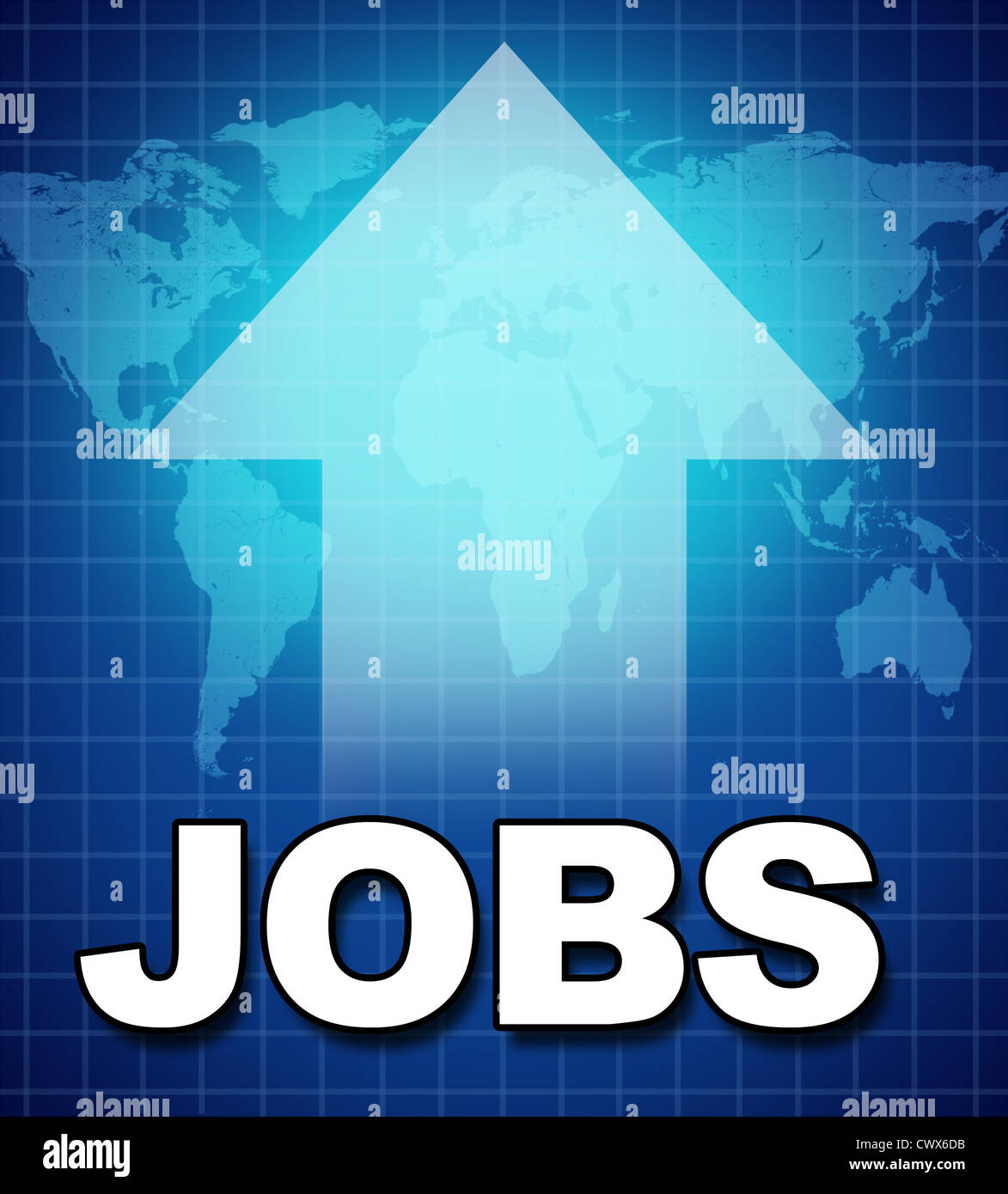 Beschäftigung und neue Arbeitsplätze-Symbol repräsentiert durch Text und einem nach oben zeigenden Pfeil zeigt die steigende Arbeitskräfte und Hinzufügen von Beschäftigung durch die Verbesserung der guten Wirtschaft. Stockfoto