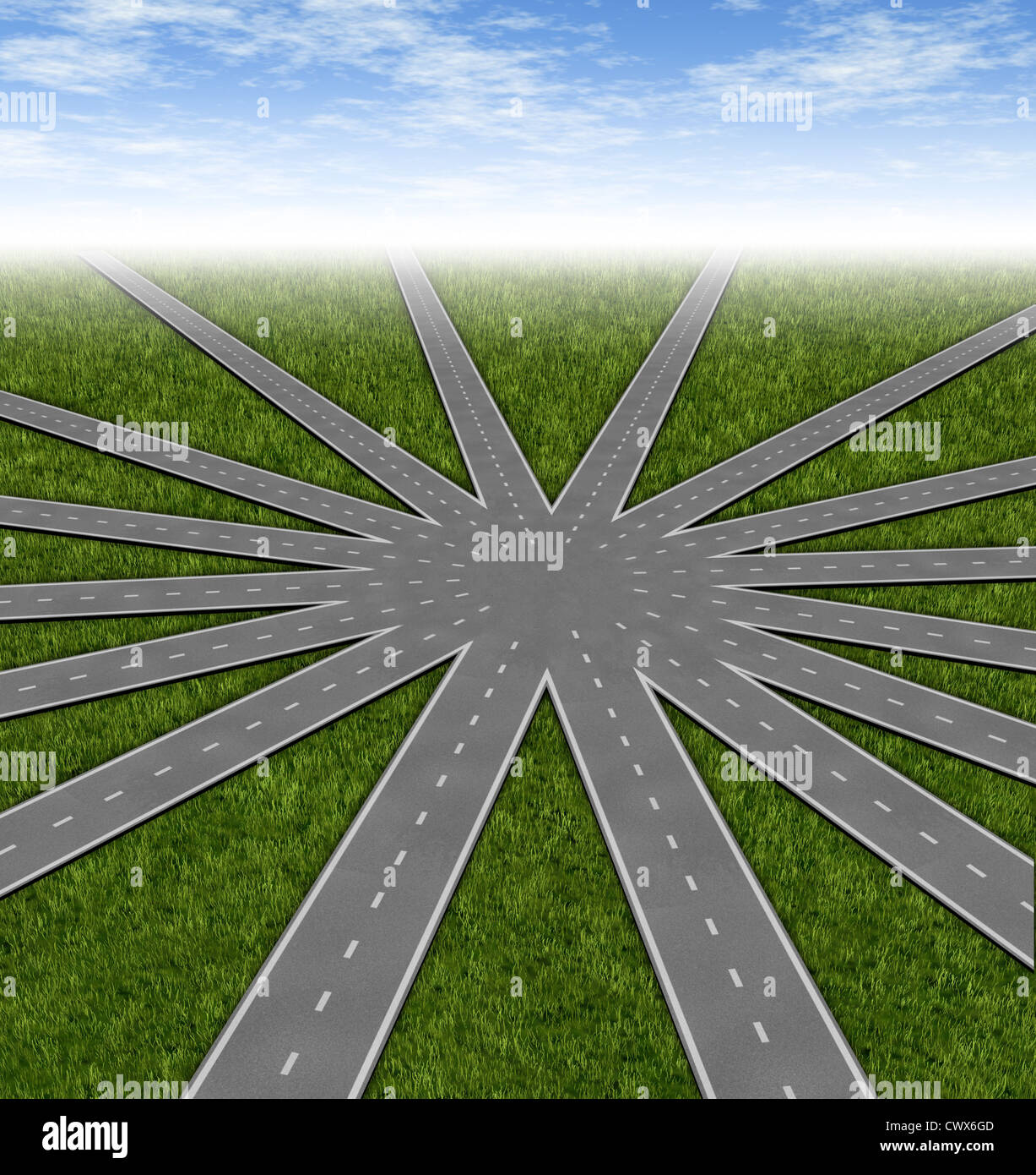 Entscheidungen und Strategien Symbol dargestellt durch ein Netz von Straßen und Autobahnen verschmelzen zu einem Mittelpunkt mit vielen Optionen und Stockfoto
