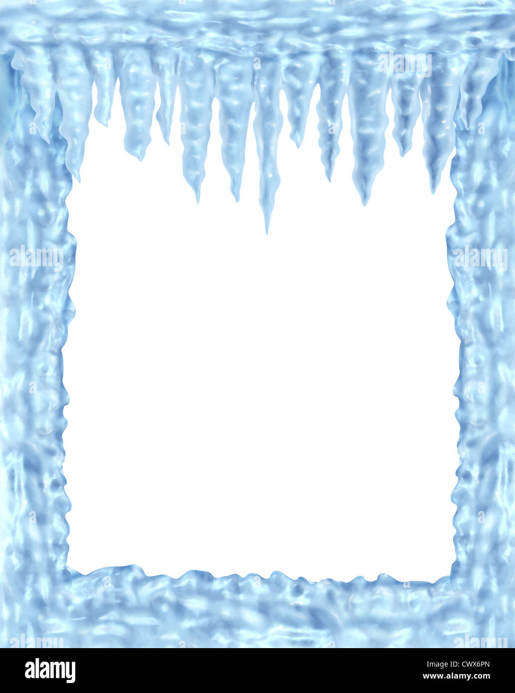 Eis und Eiszapfen Rahmen Winter-Design-Element auf einem leeren weißen Hintergrund Vertretung der arktischen Kälte und niedrigen Temperaturen wiederum glänzend transparent Eiskristalle hängen. Stockfoto