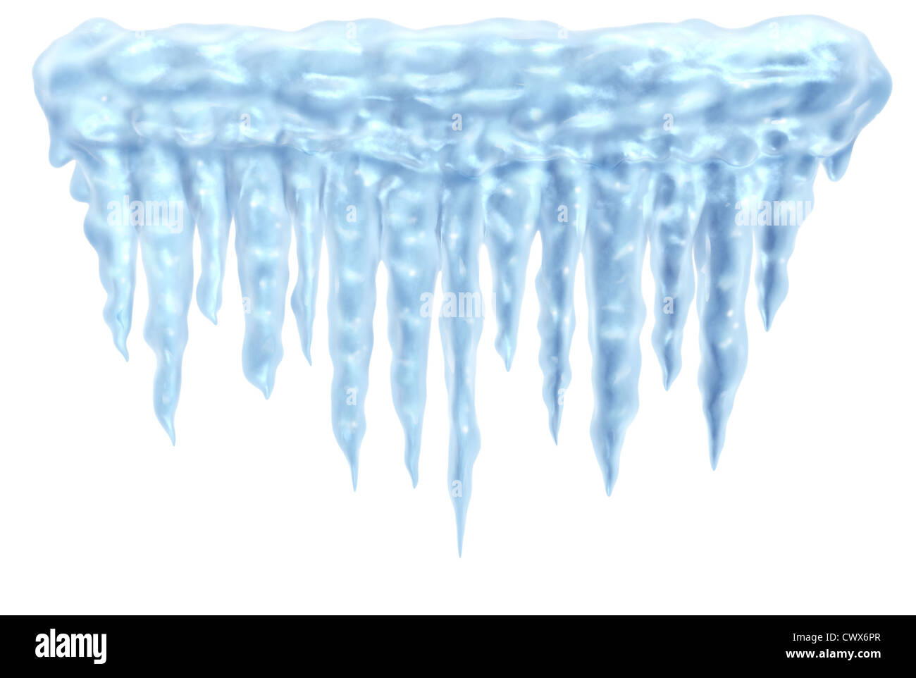 Eiszapfen und Eis gefrorene Winter Gestaltungselement auf einem weißen Hintergrund, die Vertretung der arktischen Kälte und niedrigen Temperaturen wiederum glänzend transparent Eiskristalle hängen. Stockfoto