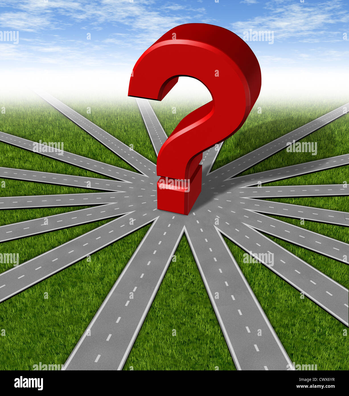 Fragen und Strategien Symbol dargestellt durch ein Netz von Straßen und Autobahnen verschmelzen zu einem Punkt mit einer roten 3d Frage Stockfoto