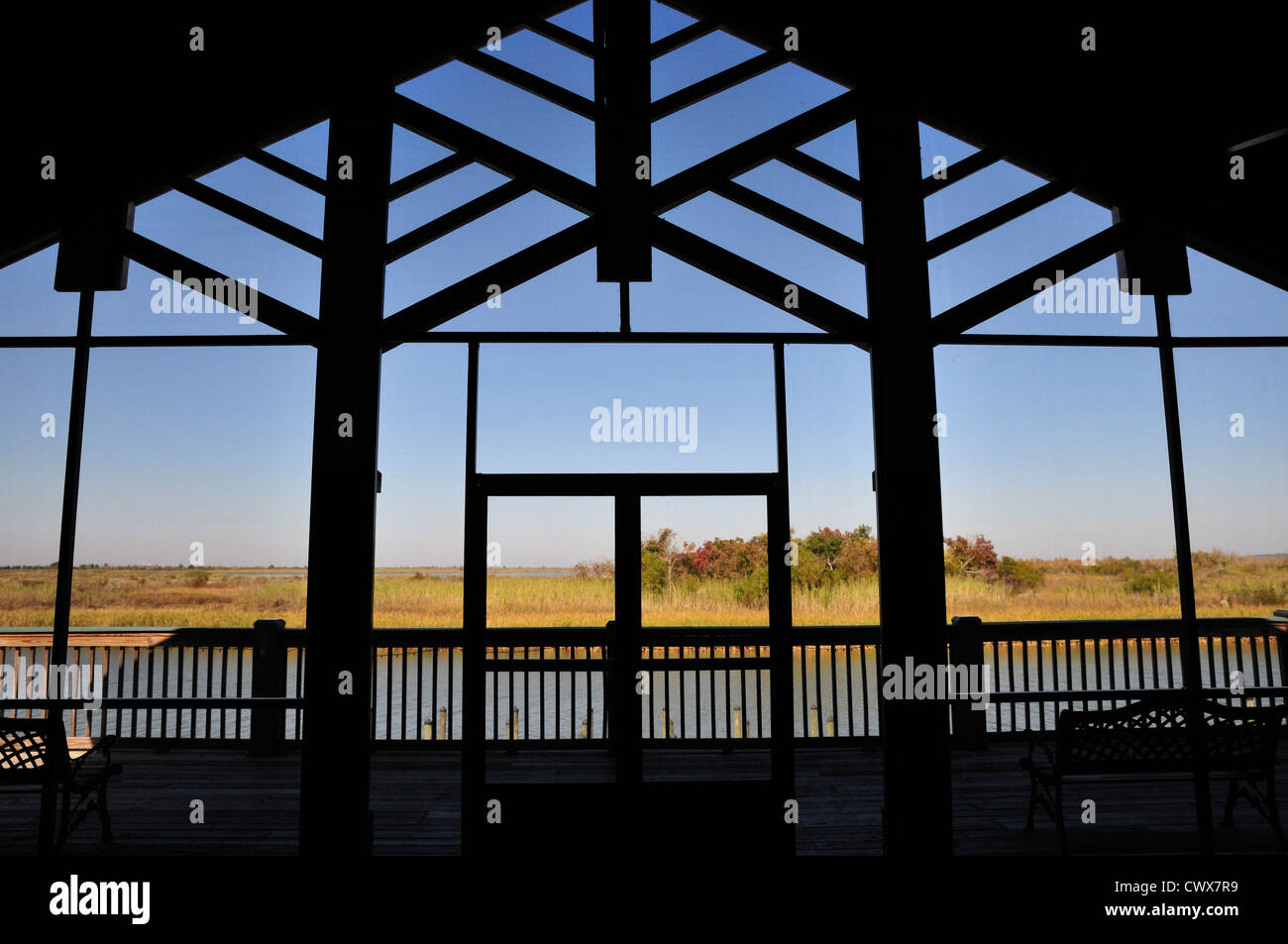 Blick durch das Fenster der 5 Flüsse Delta Resource Center Stockfoto