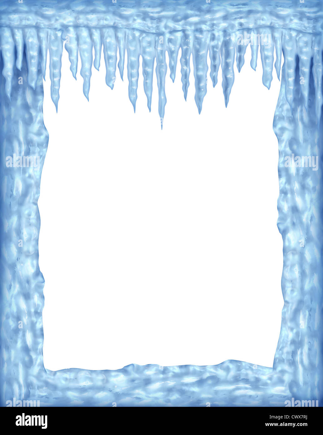 Eis und Eiszapfen Rahmen Winter-Design-Element auf einem leeren weißen Hintergrund Vertretung der arktischen Kälte und niedrigen Temperaturen wiederum glänzend transparent Eiskristalle hängen. Stockfoto