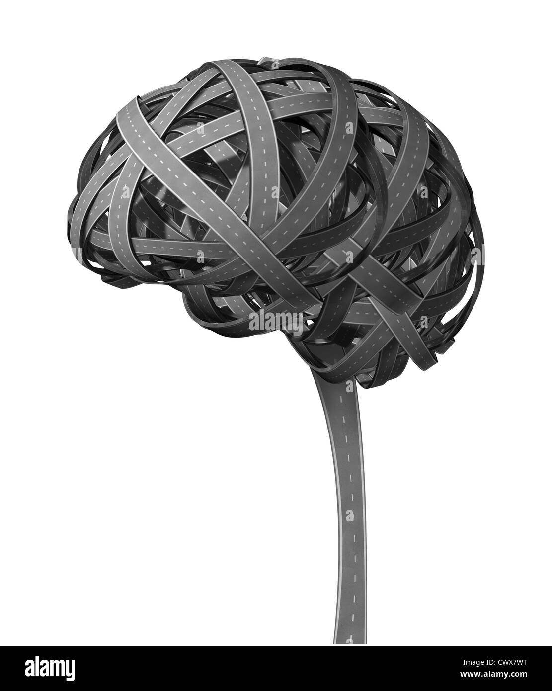 Menschliche Gehirn Demenz-Konzept mit verschlungenen Straßen in der Form der Krankheit krank Kopf mit Probleme denken als kognitive dysfunktional Organ mit einer mentalen Illnes Auswirkungen auf Intelligenz und Gedächtnis-Verlust zugefügt. Stockfoto