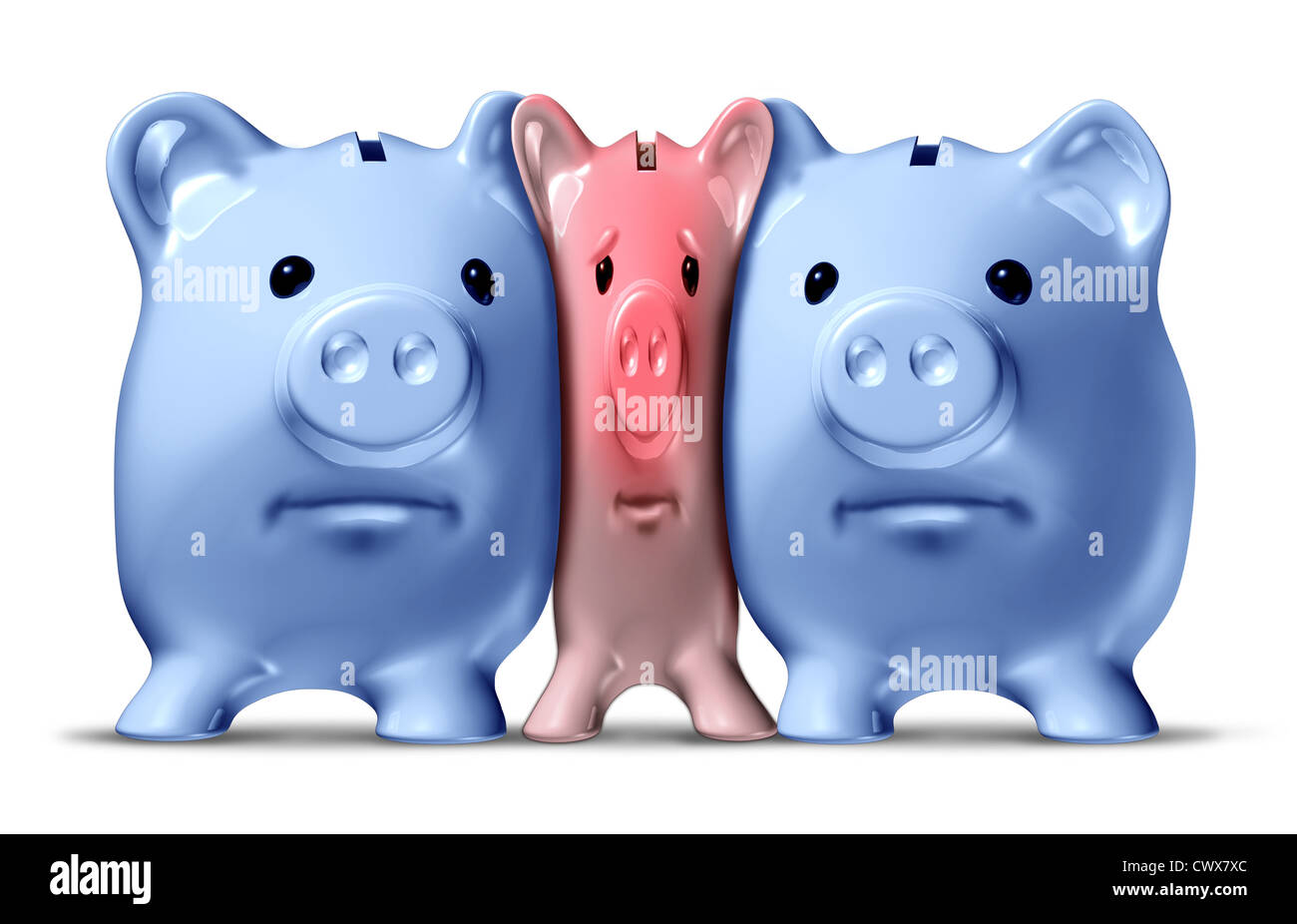 Geld Crunch und finanziellen Engpässen oder Kreditklemme als gequetscht und gedrückt rosa Piggy Bank unter Druck von größeren blauen Schweinen als finanzielle Ikone Einsparungen Probleme, die durch wirtschaftlichen Druck durch zu geringe Mittel in Frage gestellt wird. Stockfoto