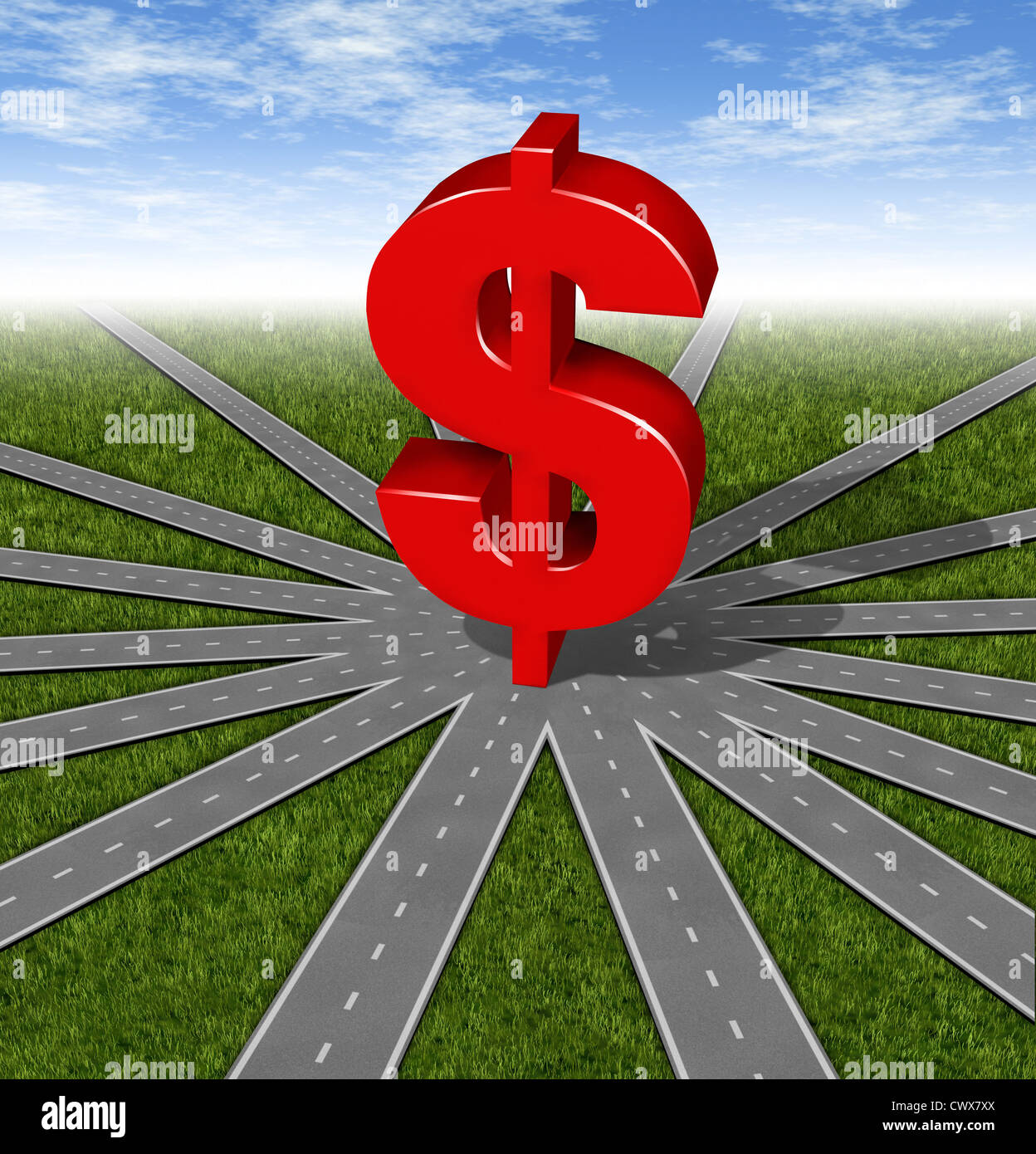 Verhältniszahl Entscheidungen und Finanzstrategien mit einem roten Geldsymbol vertreten durch ein Netzwerk von angeschlossenen Straßen und Autobahnen merg Stockfoto