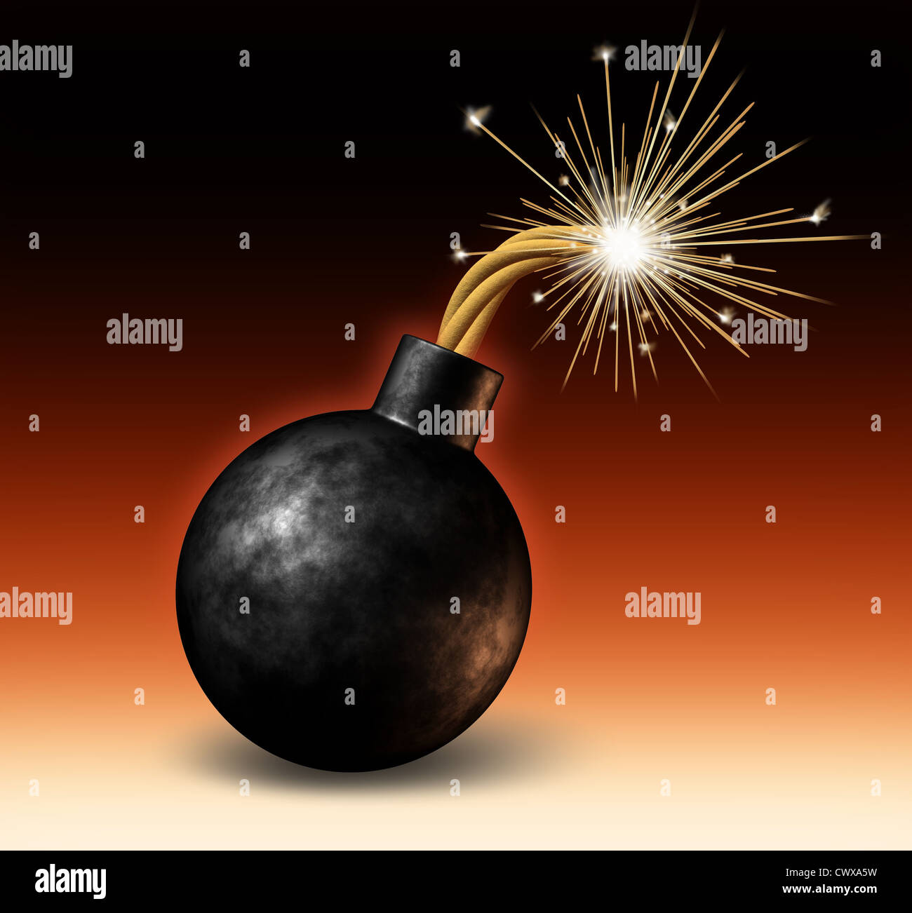 Explodierende Bombe mit beleuchteten brennenden Sicherung mit Feuer Funken Fealing die Hitze als Warnung vor gefährlichen einen dringenden Termin mit einer drohenden Explosion-Warnung auf einem roten und schwarzen Hintergrund. Stockfoto