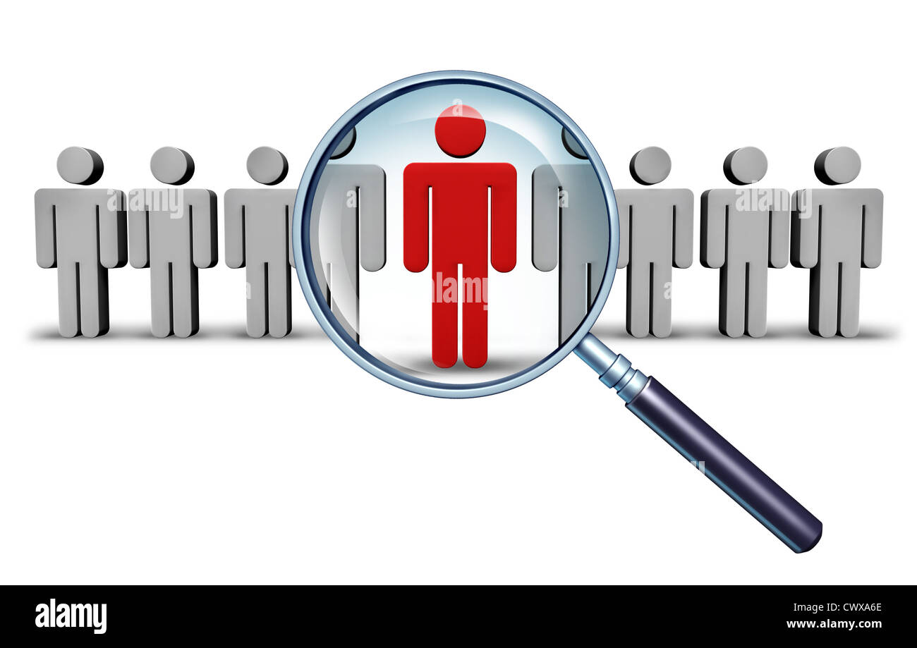 Job-Suche und Karriere Wahl Beschäftigung Konzept mit menschlichen Symbole und rote Geschäftsmann Charakter in eine Lupe als ein symb Stockfoto