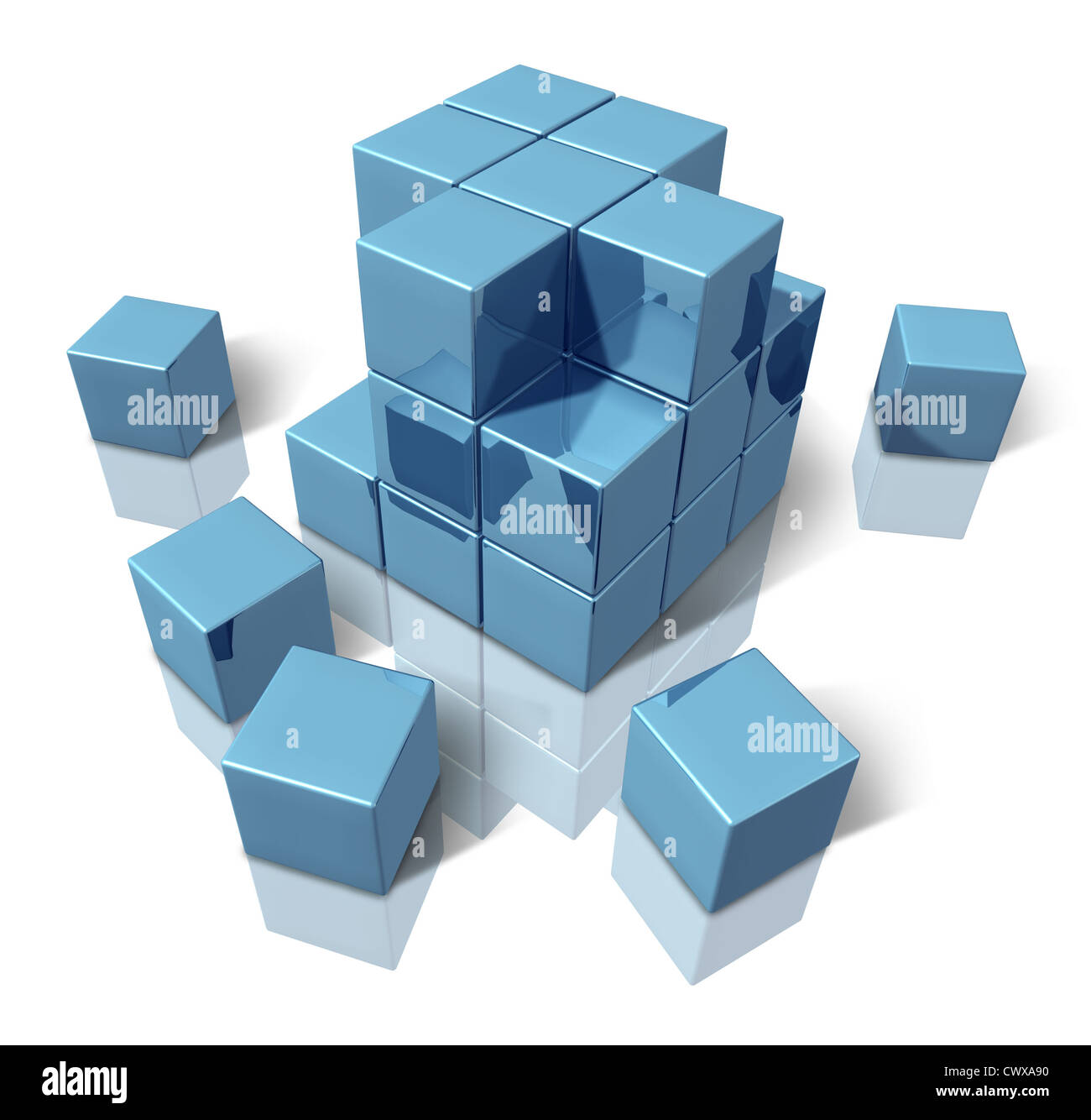 Bau-Blöcke als eine abstrakte 3d Struktur von einfachen blauen Würfel als geometrische organisierte Muster bauen gemeinsam ein org Stockfoto