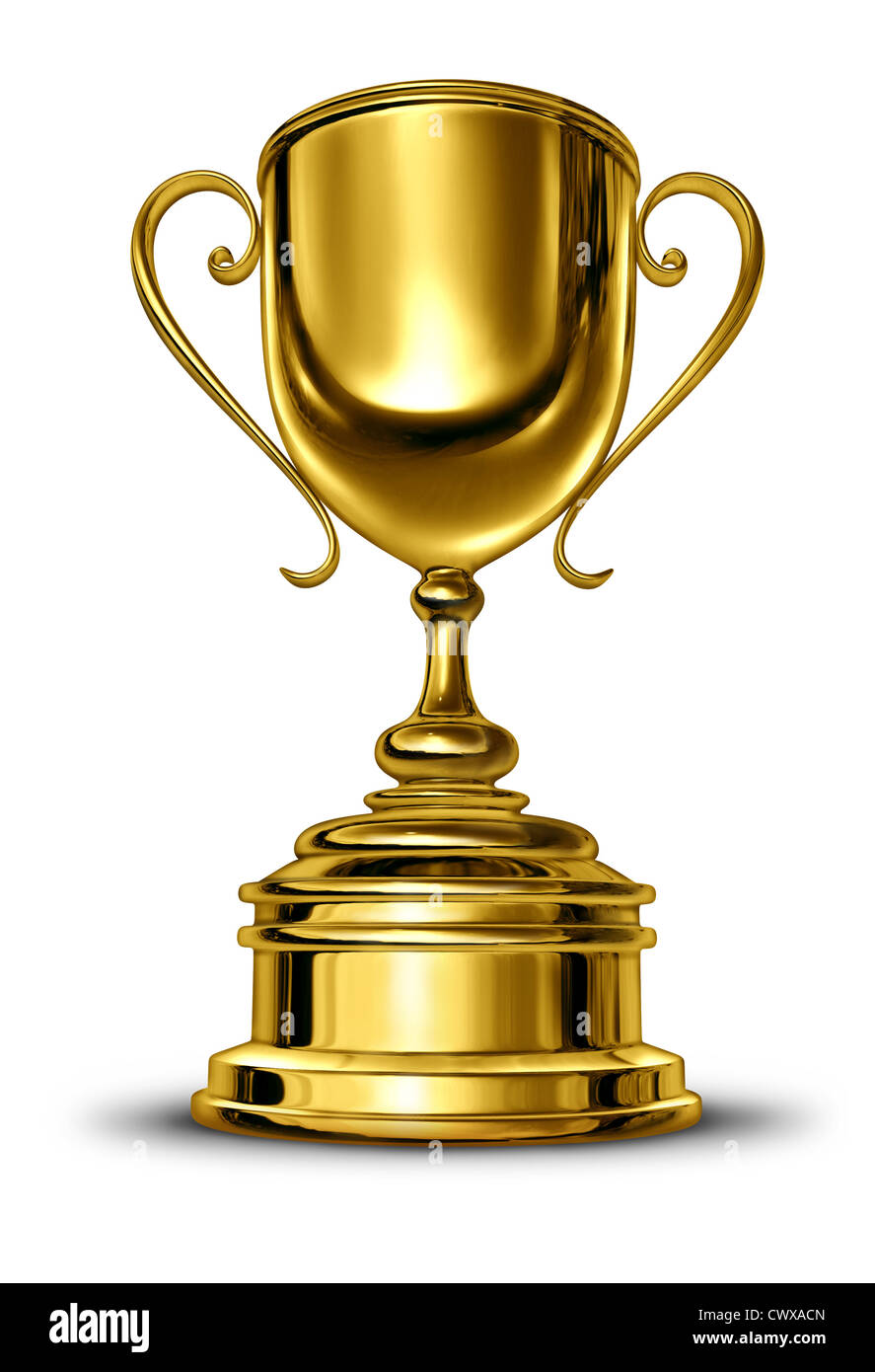 Gold Cup Sieger Trophäe mit einem leeren Metallsockel auf einem weißen Hintergrund als Erfolgskonzept für gewinnen und als erstes und das beste in einem sportlichen Wettkampf oder eine Führungskraft, die siegreichen Champion ist. Stockfoto