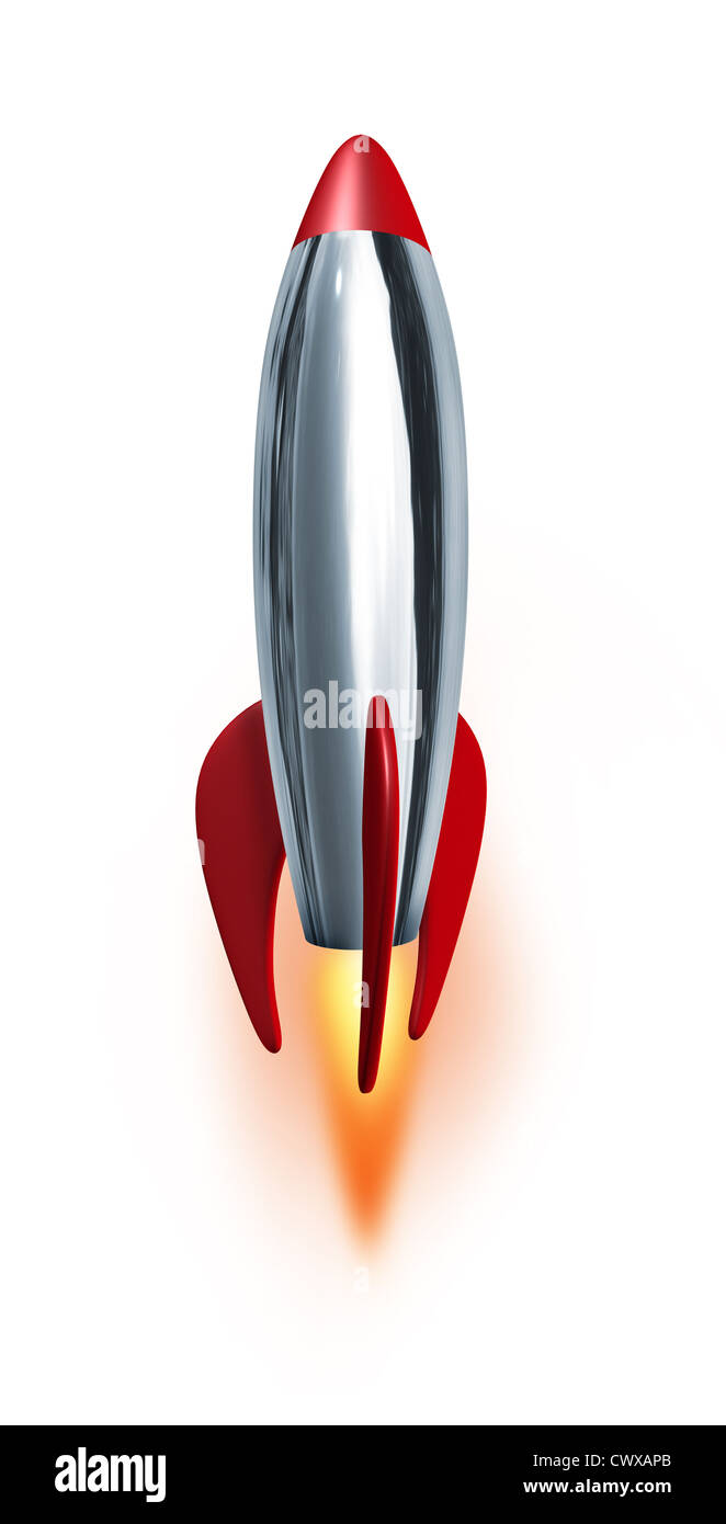 Hebe ab Raketenstart Strahlen mit hoher Geschwindigkeit in die Zukunft mit Zuversicht, ein Symbol der Exploration und macht aus einem Metall-Rakete Raumfahrzeug warten darauf, nach oben in den Raum mit einer Verbrennung Flamme als Konzept des Unternehmertums Schub darstellt Stockfoto