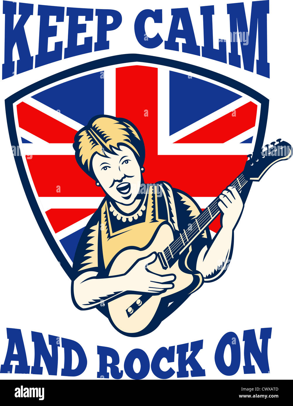 Retro-Abbildung einer britischen Oma Königin Gitarre mit Union Jack Flagge gesetzt in Schild mit "Ruhe und Rock zu halten" Stockfoto
