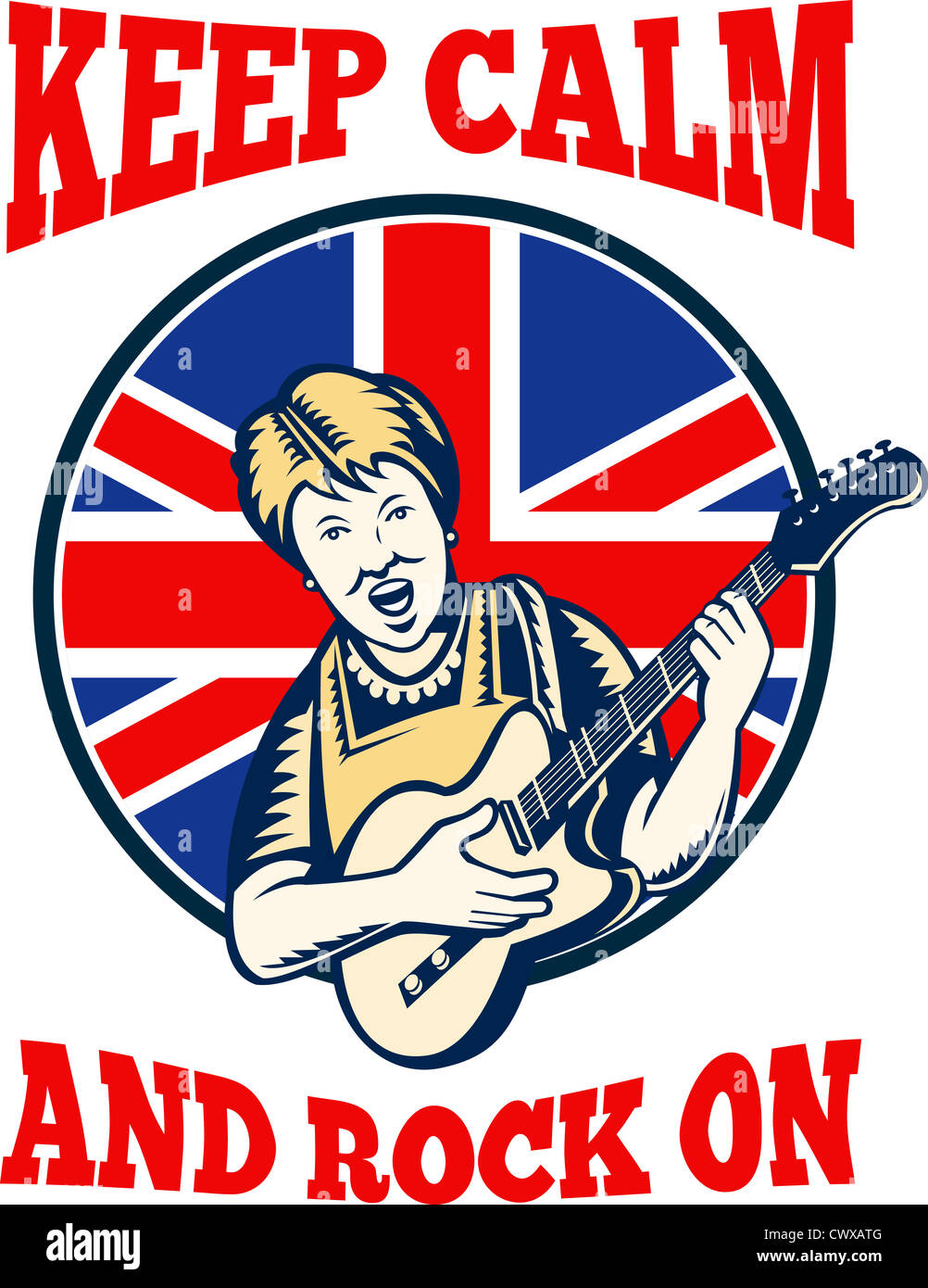 Retro-Abbildung einer britischen Oma Königin Gitarre mit Union Jack Flagge gesetzt in Kreis mit "Ruhe und Rock zu halten" Stockfoto