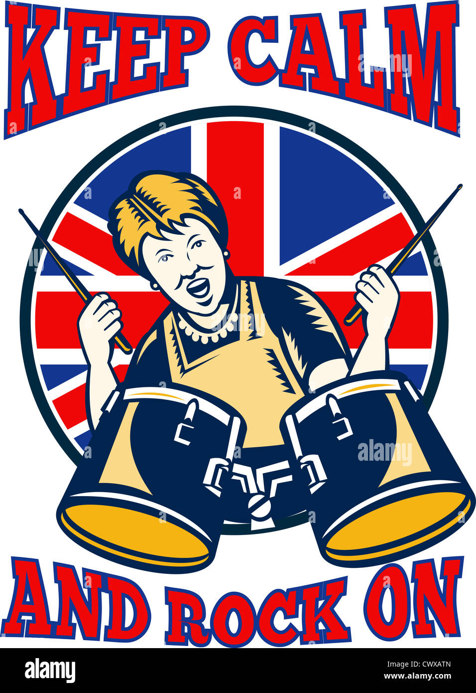 Retro-Abbildung einer britischen Oma Königin Schlagzeug mit Union Jack Flagge gesetzt in Kreis mit "Ruhe und Rock zu halten" Stockfoto