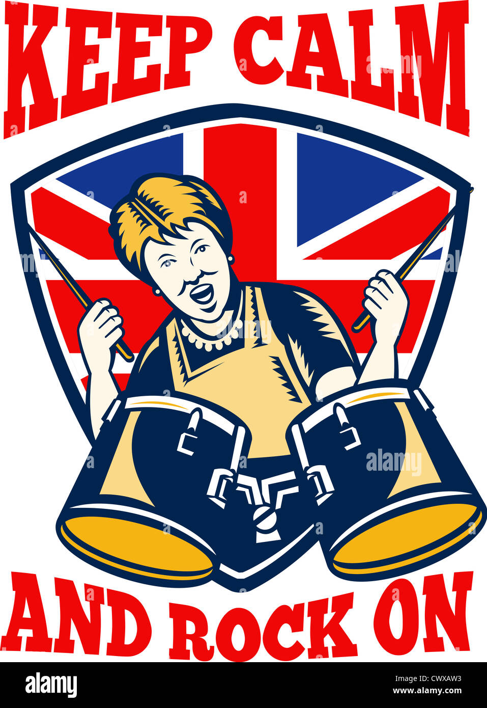 Retro-Abbildung einer britischen Oma Königin Schlagzeug mit Union Jack Flagge gesetzt in Schild mit "Ruhe und Rock zu halten" Stockfoto