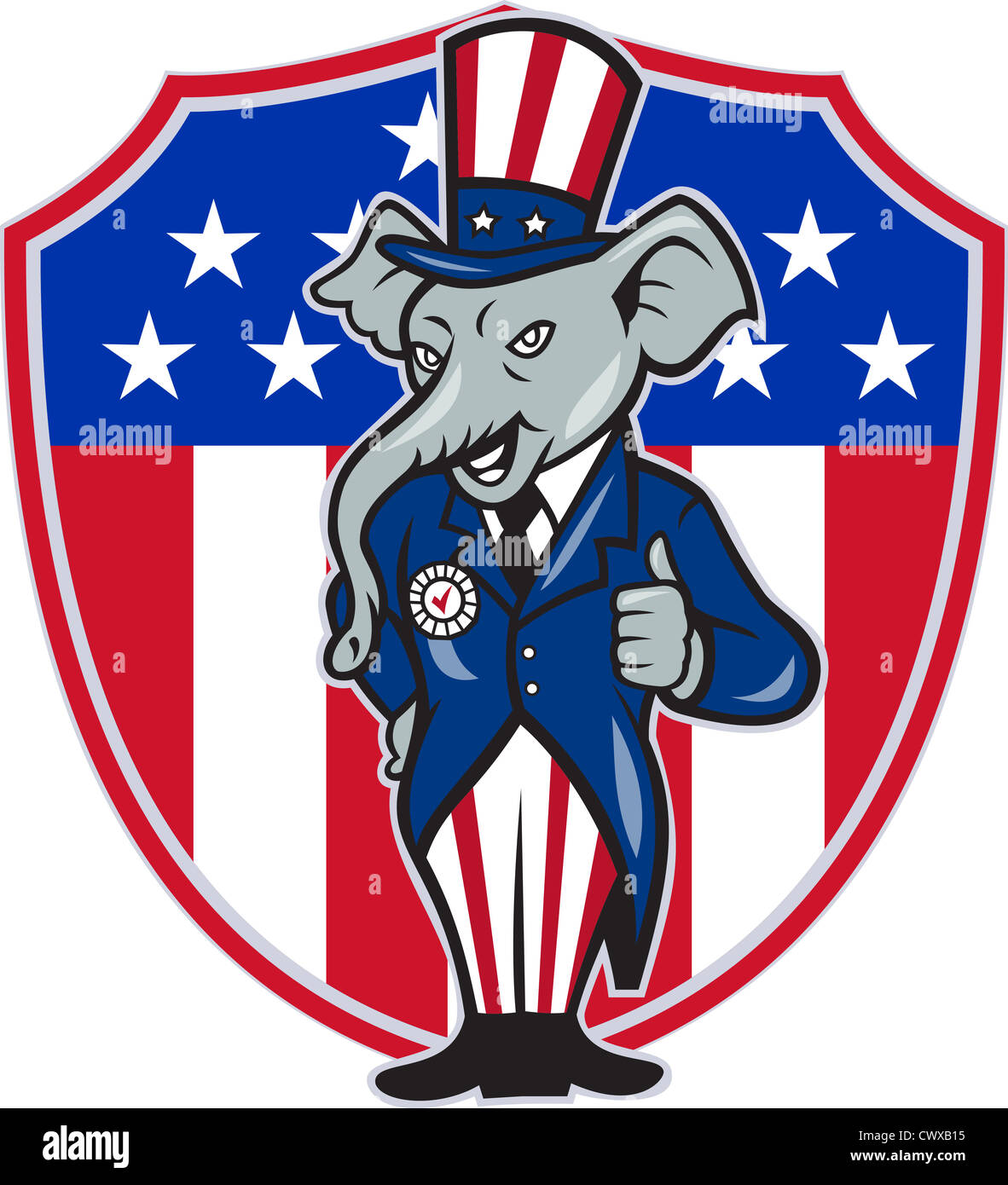 Illustration des republikanischen Elefanten Maskottchen von den republikanischen grand alte Partei Gop tragen Hut und Anzug Daumen nach oben Stockfoto