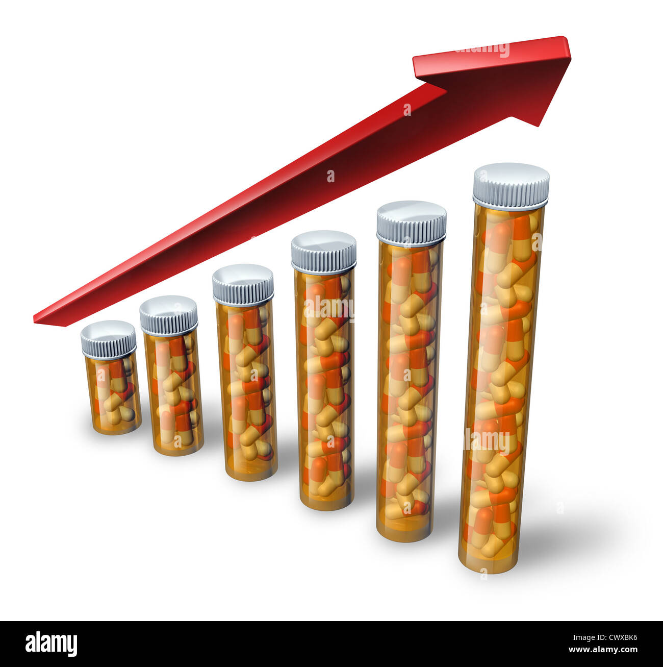 Steigende Kosten im Gesundheitswesen mit pharmazeutischen Tablettenfläschchen zunehmenden Größe mit einem roten Pfeil höher als ein medizinisches Konzept, das den hohen Preis von Krankenversicherung und die Herausforderung, finanziell steigenden Zahlen für Medizin und Krankenhaus. Stockfoto