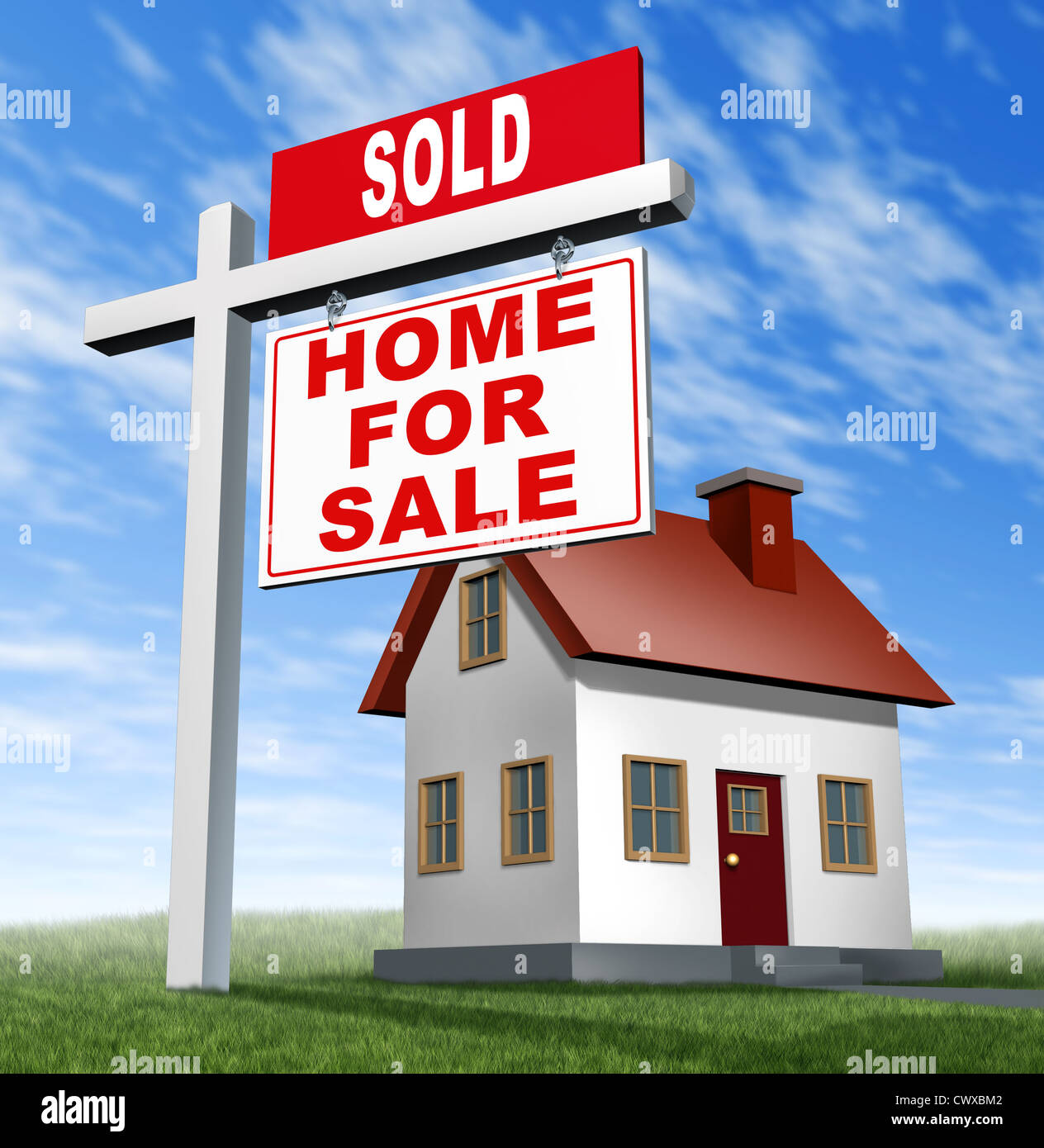 Verkauft nach Hause für Verkauf Zeichen und Haus als ein Real Estate Geschäft Finanzkonzept auf niedrigen erschwinglichen home Hypothekendarlehen zu verkaufen und kaufen Ihre Familie Traumhaus mit einem Agenten, um den Verkauf zu verhandeln. Stockfoto