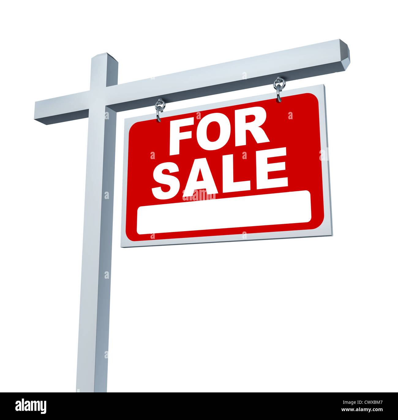 Immobilien rot für Verkaufsschild mit leeren Bereich als eine Kommunikation Plakatwand marketing den Verkauf eines Heim- oder Familie Traumhauses durch Werbung mit einem Agenten und eine gute Hypothekenzinssatz zu verhandeln. Stockfoto