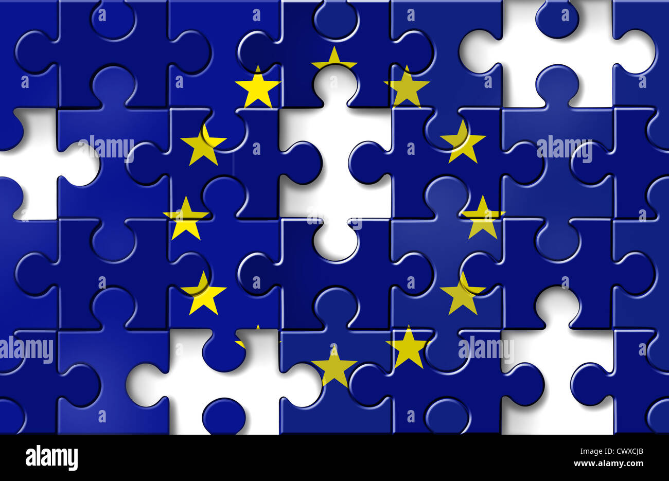 Krise in Europa mit der europäischen Flagge in ein Puzzle mit Teile fehlen, als eine Finanzkrise, die Banken Hilfe benötigt Stockfoto
