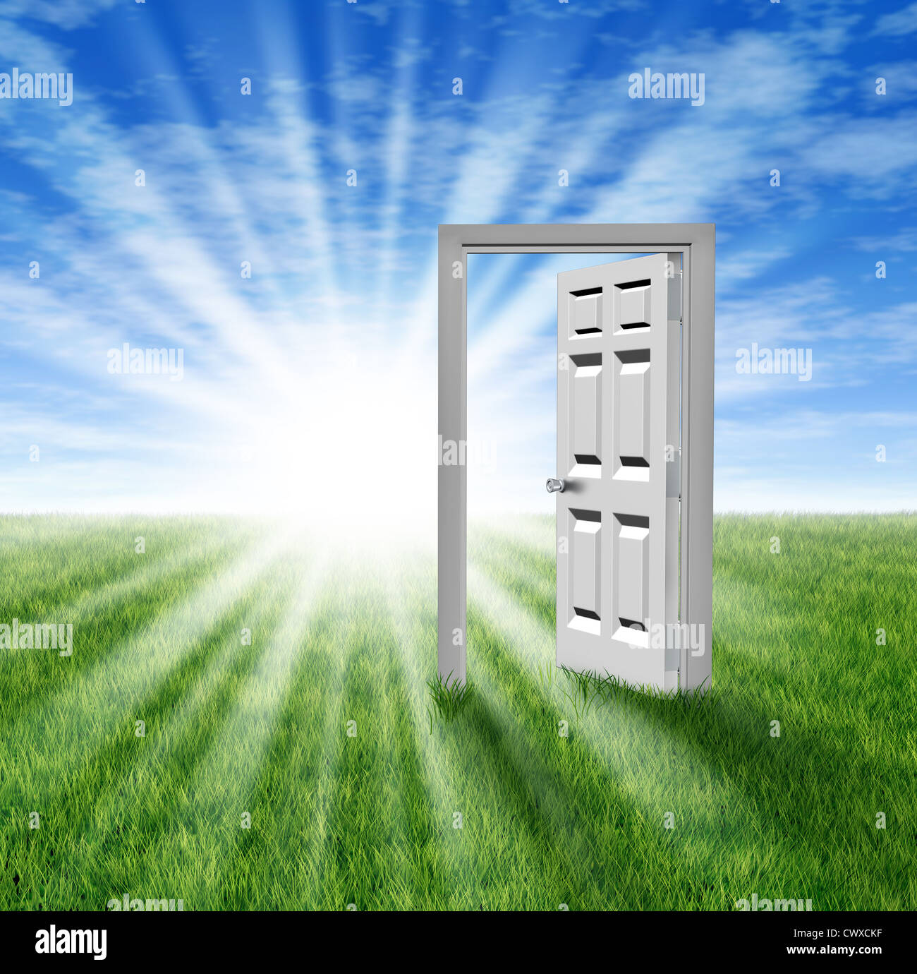 Ziele und Wünsche als eine Tür zur Gelegenheit mit einer Wiese und eine offene Tür Eingang zum Erfolg und Freiheit zeigt eine Stockfoto