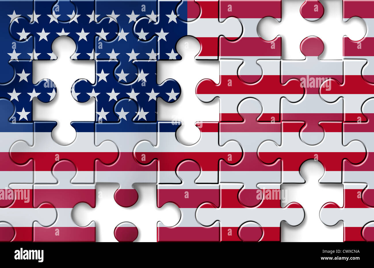 US-Krise mit der amerikanischen Flagge in ein Puzzle mit Teile fehlen, als eine Finanzkrise, die Banken Hilfe benötigt und Stockfoto